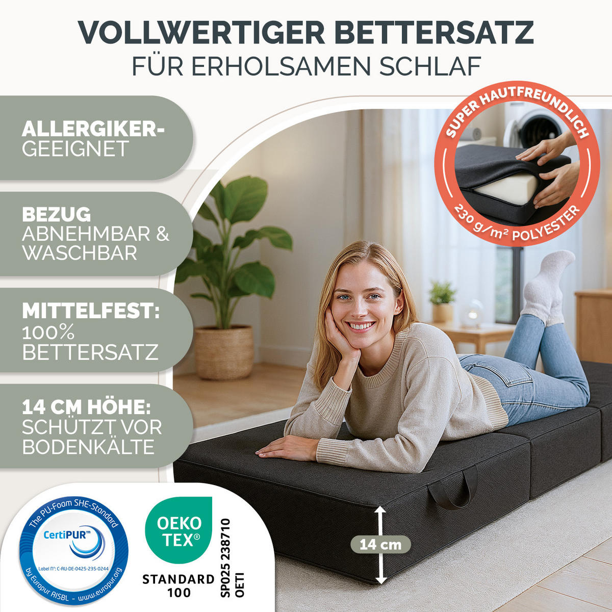 KLAPPMATRATZE 90x200 cm - 3teilig in Anthrazit - Anthrazit, Textil - Blumtal