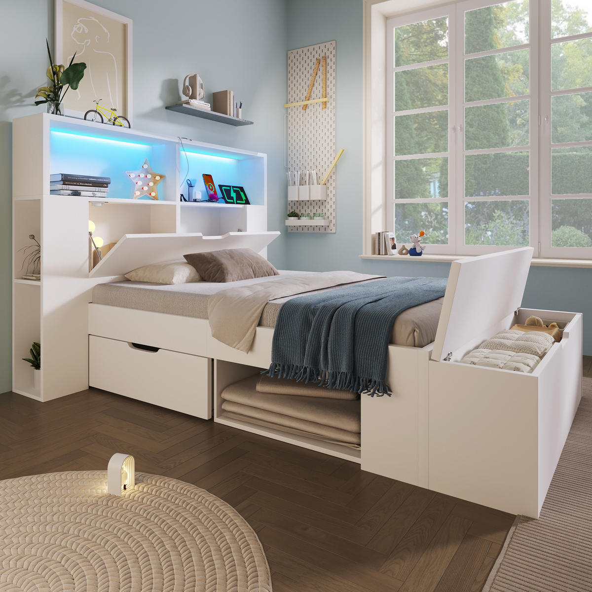 BETT 90/200 cm in Weiß mit Schubladen, Regal, LED und USB Holz Design - Weiß, Holzwerkstoff (90/200cm) - STILVORA