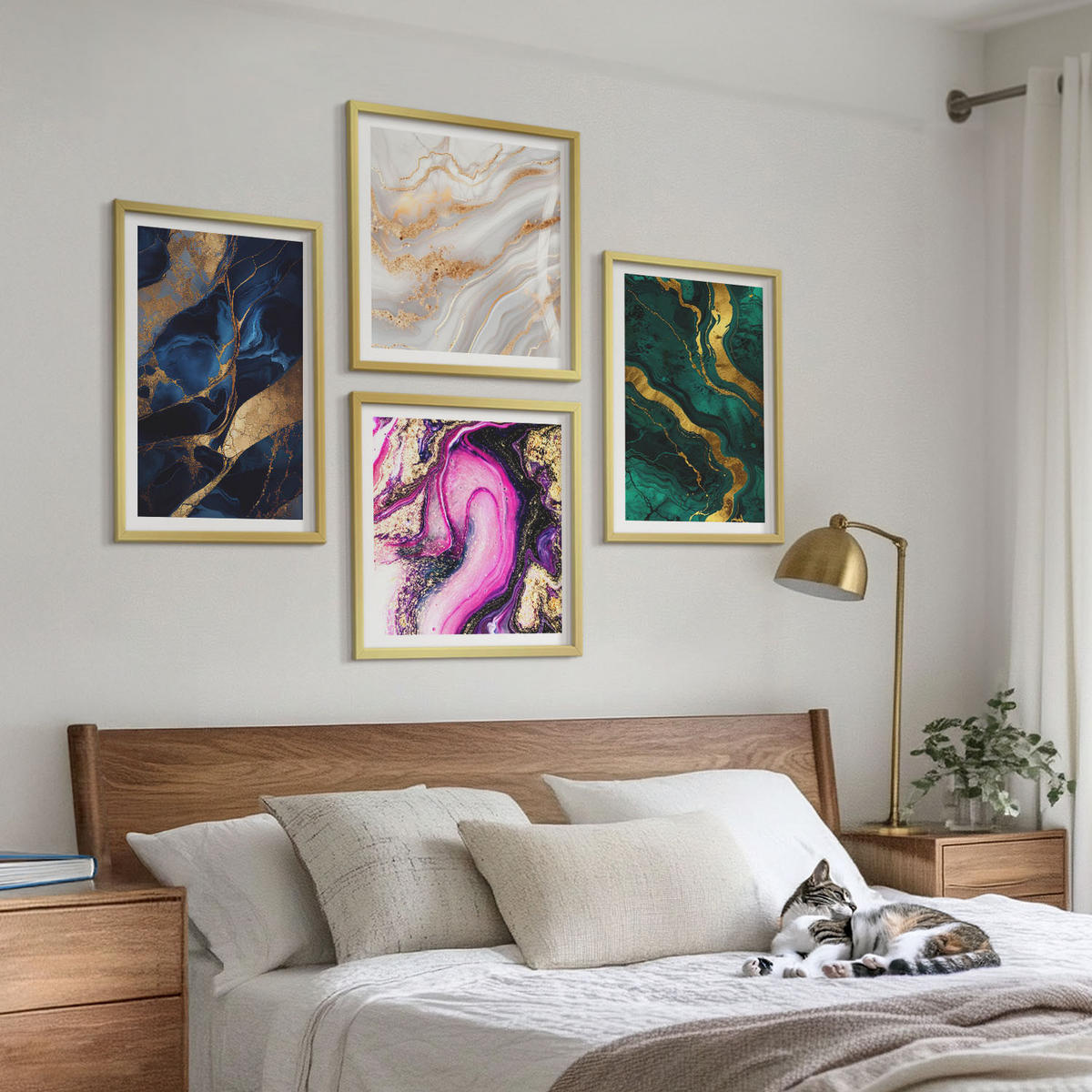 BILDER SET 4er Set - 50x50 cm & 40x60 cm Goldrahmen - Abstrakter Marmor mit Farben - Goldfarben, Kunststoff (50/50cm) - TULUP