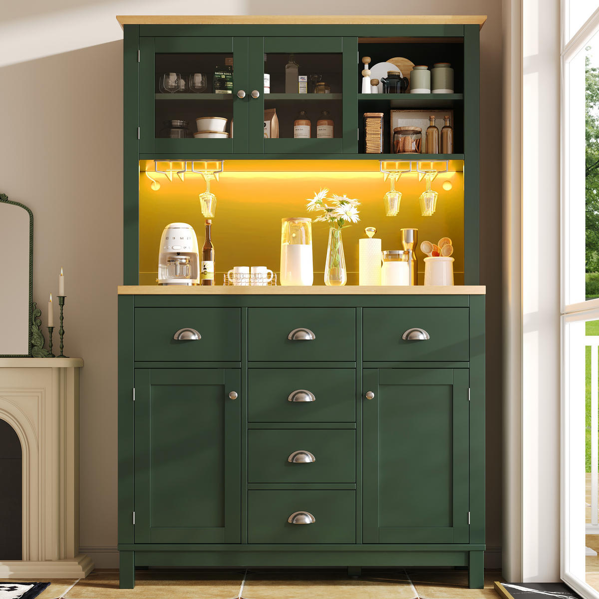 GESCHIRRSCHRANK aus MDF 104x40x180cm in Grün mit LED-Lichtleiste - Grün, Holzwerkstoff (104/180/40cm) - Modfu