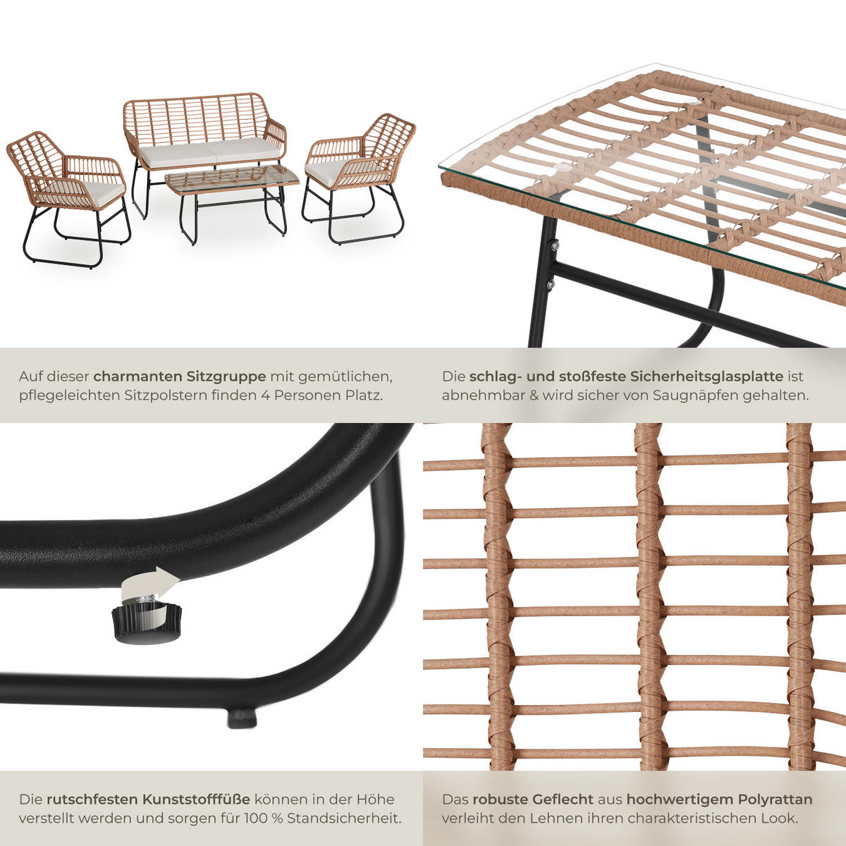 RATTAN-SITZGRUPPE Molfetta Xl,höhenverstellbare Kunststofffüße,natur - Naturfarben, Kunststoff - tectake