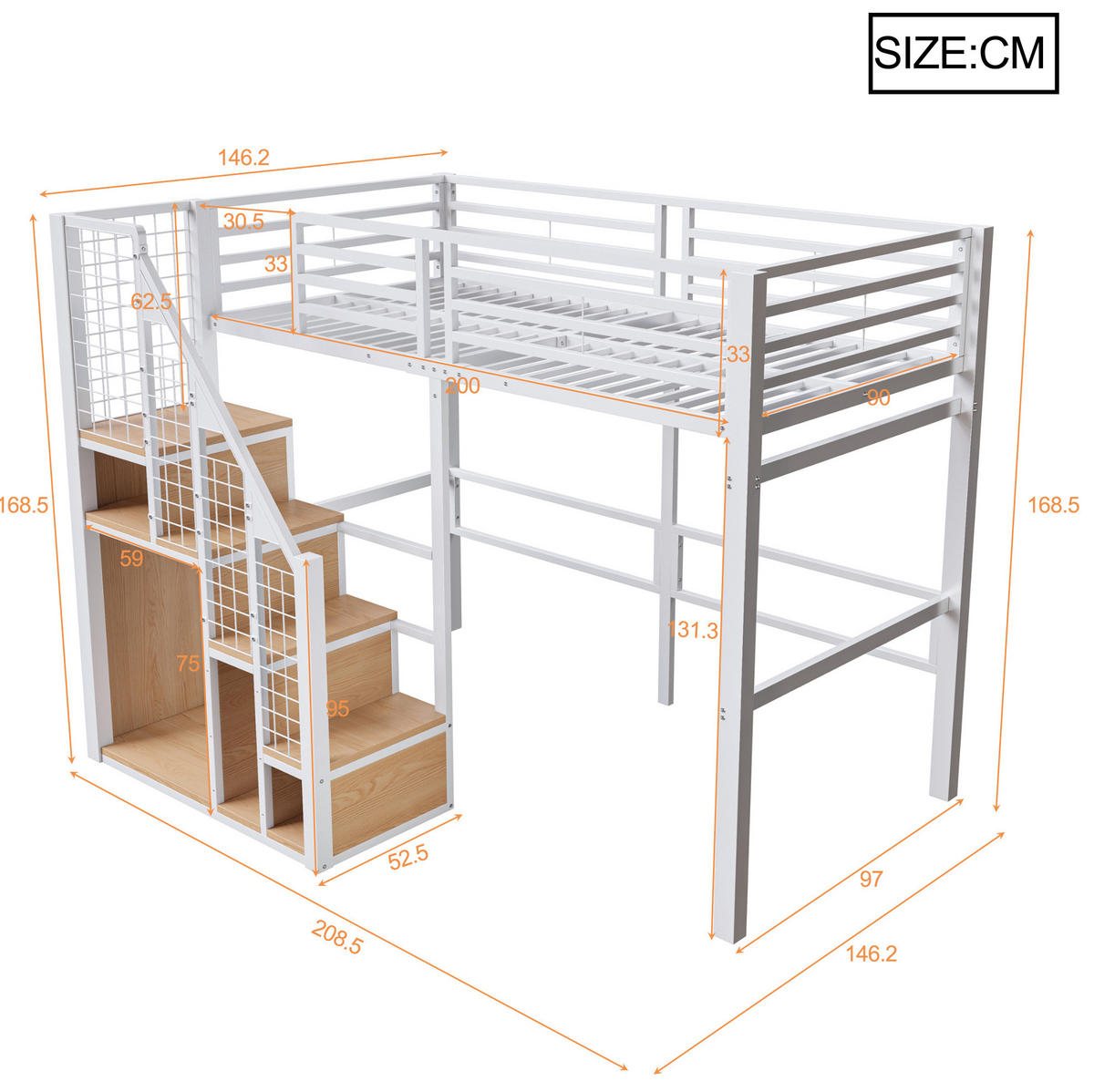HOCHBETT aus Metall und MDF 90x200 cm Weiß mit Stauraum, Treppe und Ablagefläche - Weiß, Metall (90/200cm) - IVMEU