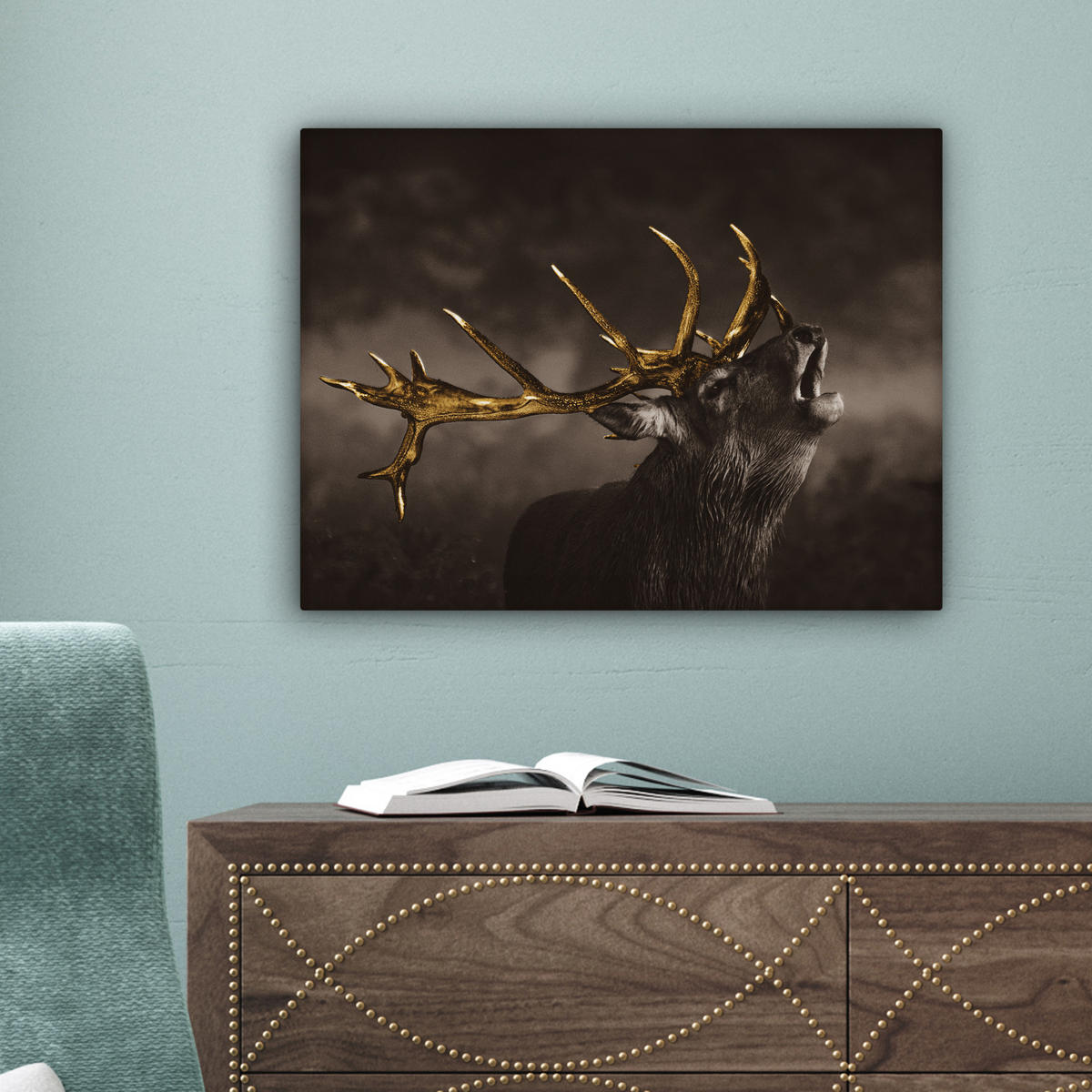 LEINWANDBILD Rotwild - Schwarz - Gold Wandbild 40x30 cm - Braun, Textil (40/30cm) - MuchoWow