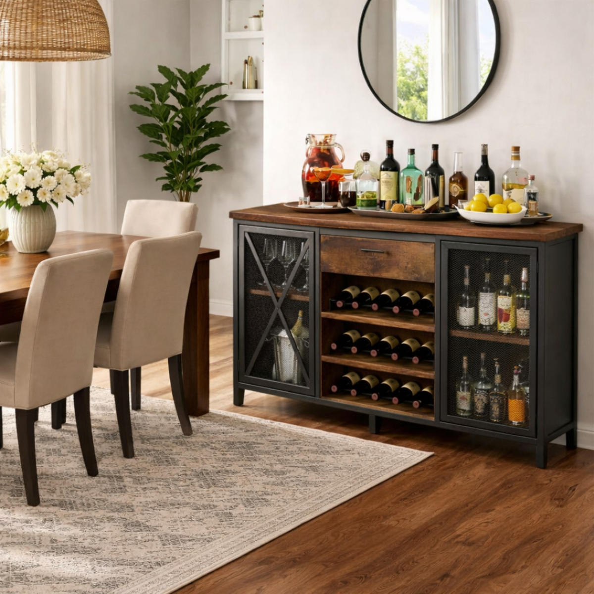 WEINREGAL 180 x 55 x 100 cm INDUSTRIAL Holz Metall Schwarz / Rustikal Eiche - Wildeiche, Holzwerkstoff/Metall (180/101.5/55cm) - Quality Elegance