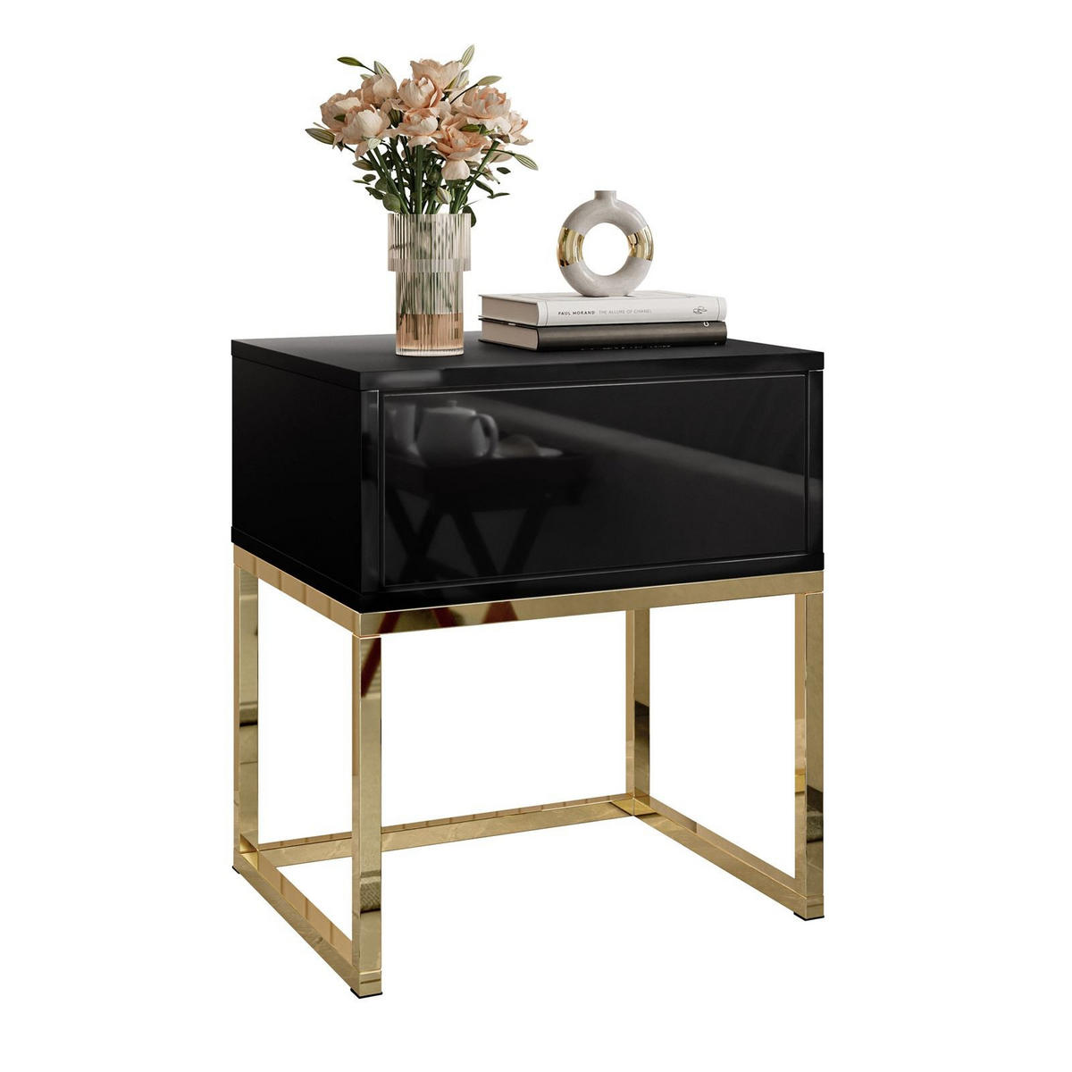 NACHTTISCH BLANCO GOLD Schwarz auf goldenem verchromtem Gestell PUSH OPEN - Schwarz Hochglanz, Holzwerkstoff (45/52/36.6cm) - Lookway