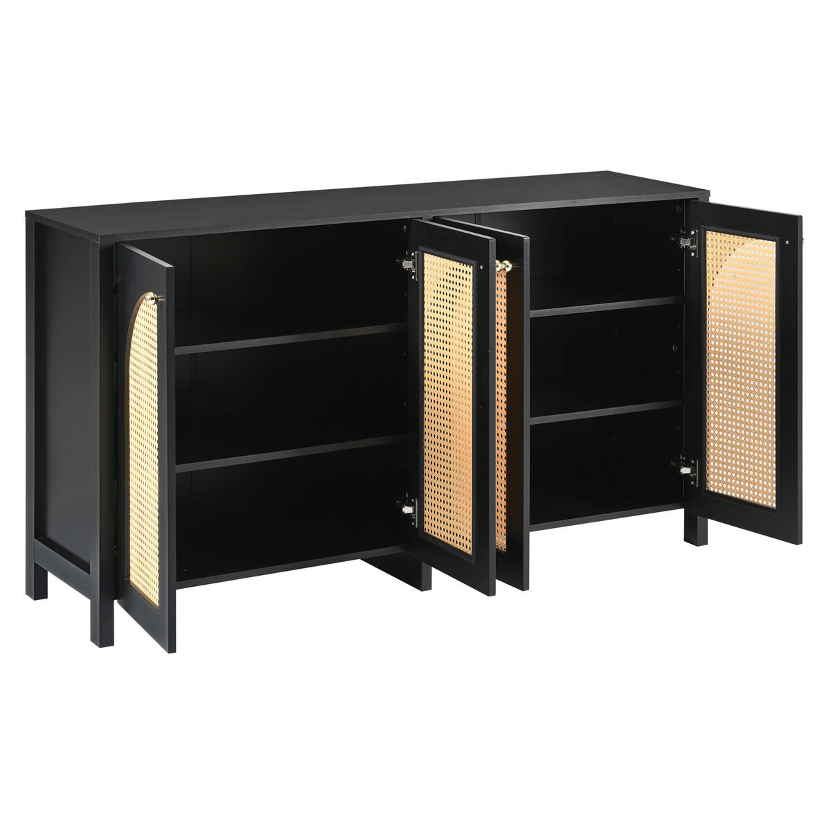 SIDEBOARD aus MDF mit 4 Kunst-Rattantüren und Metallgriffen Schwarz - Schwarz, Holzwerkstoff (145/40/80cm) - Modenvie