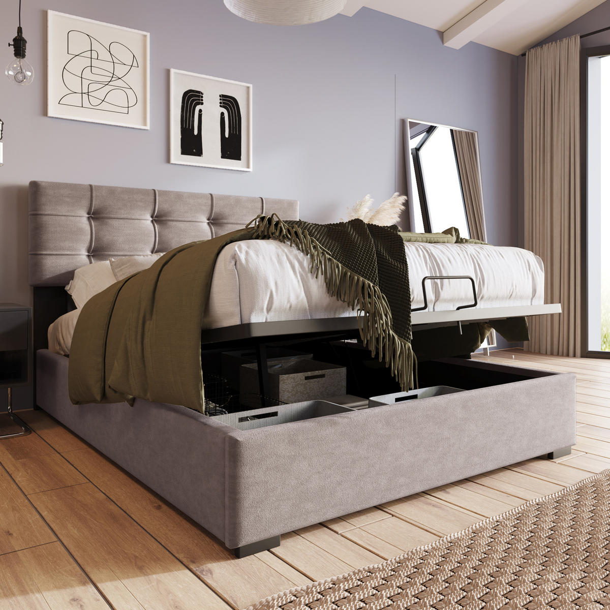 POLSTERBETT 90/200 cm Hellgrau aus Samt mit Bettkasten - Hellgrau, Textil (90/200cm) - OKMYHOME