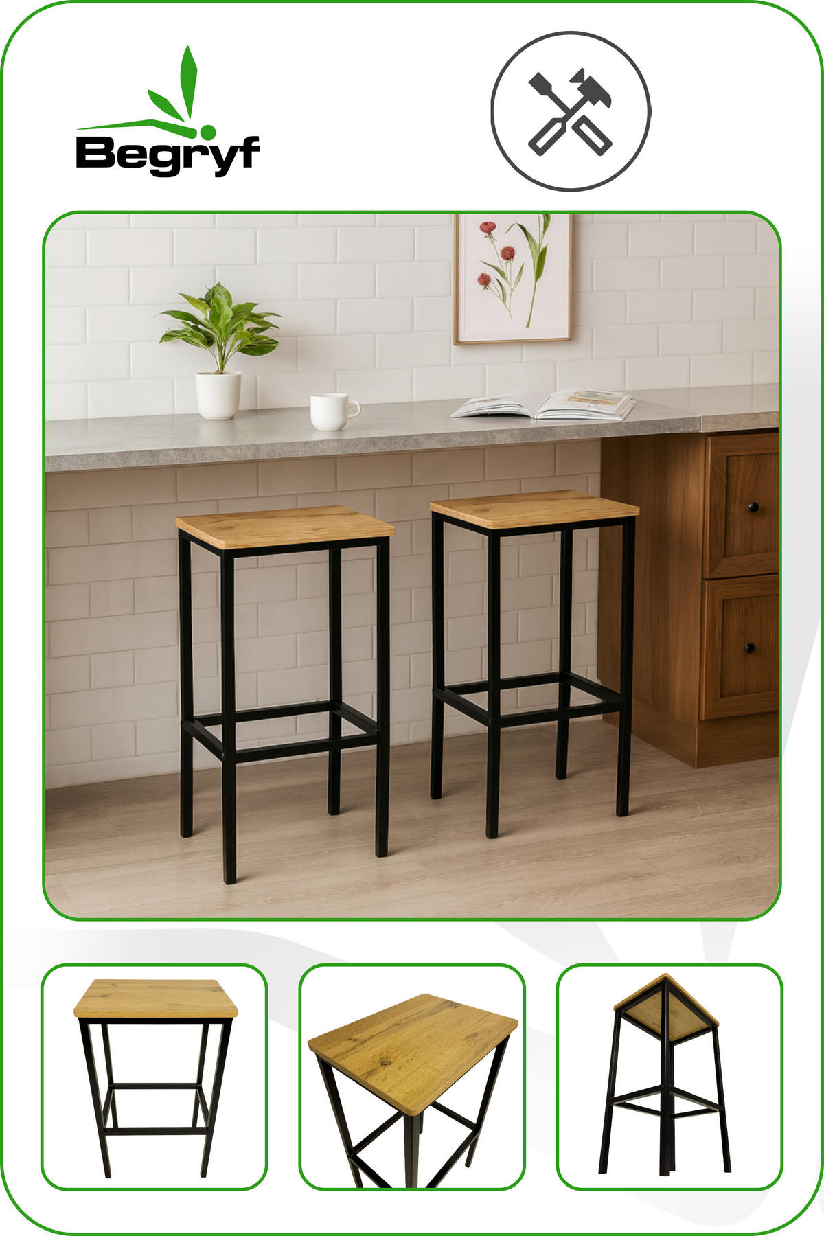 BARHOCKER 2-er Set Holzoptik Metall Eichefarben 65 cm stabile - Eichefarben, Holzwerkstoff/Metall (40/65/30cm) - Begryf