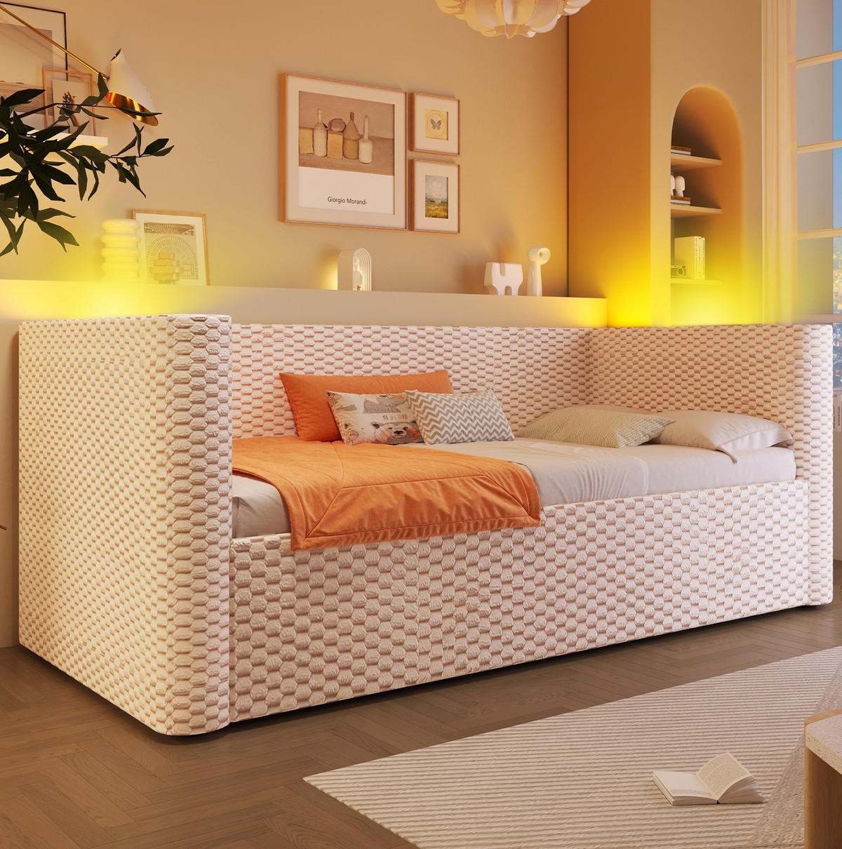 TAGESBETT aus Samt 90x200 cm Beige mit LED-Beleuchtung, hydraulischem Stauraum und Lattenrost - Beige, Textil (90/200cm) - Modfu