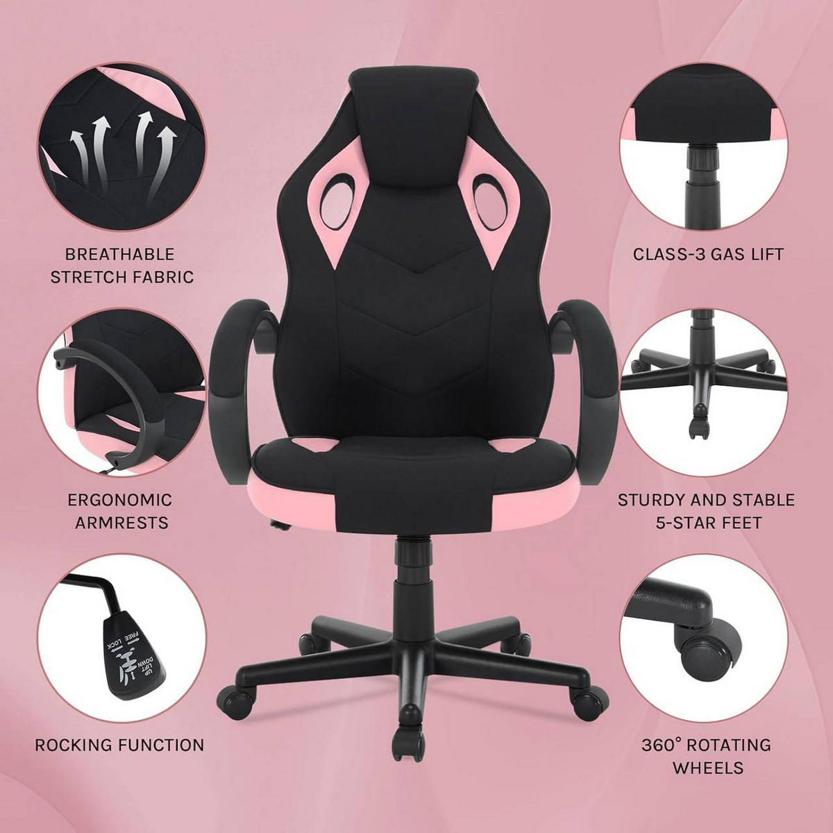 GAMINGSTUHL mit Kopfkissen, Mesh-Gewebe, Rosa+Schwarz - Schwarz/Rosa, Textil/Metall (62/104/72.5cm) - Woltu