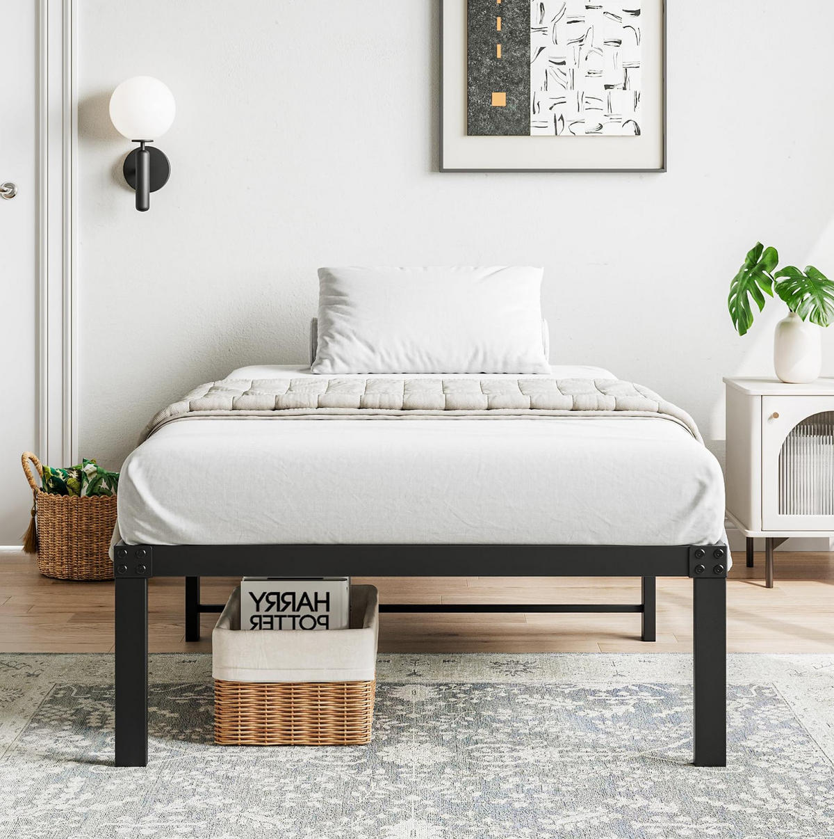 BETT 90/200 cm aus Metall in Schwarz mit Stauraum und geräuscharm - Schwarz, Metall (90/200cm) - Flora Grace
