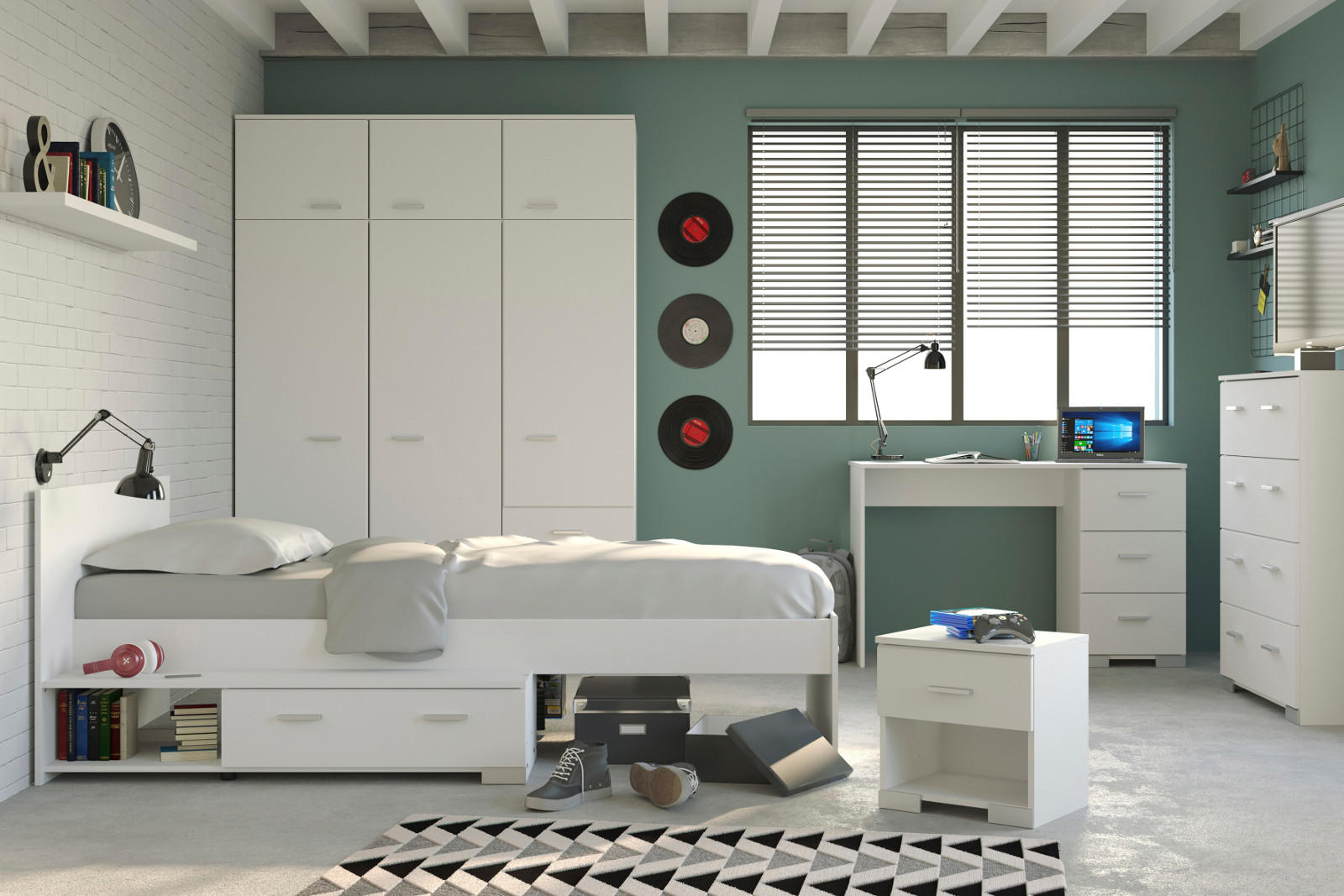 JUGENDZIMMER Set 5-tlg Kleiderschrank Schreibtisch Bett 90x200 - Silberfarben/Weiß, Holz/Holzwerkstoff (203/203/120cm) - Parisot Meuble