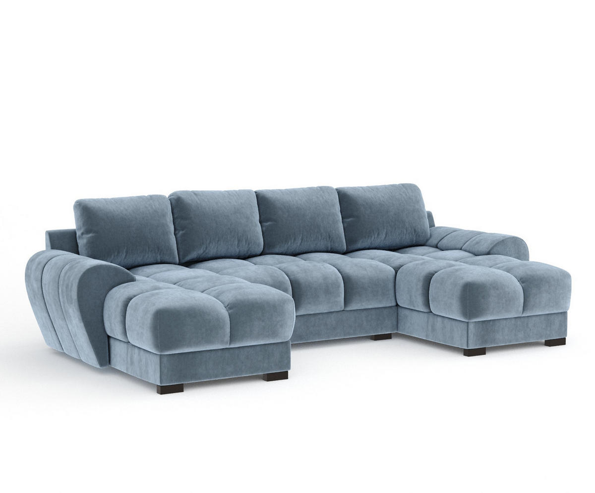 WOHNLANDSCHAFT Peebles Blau Samtstoff - Blau/Schwarz, Holz/Holzwerkstoff (330/90/175cm) - Maison de Reve