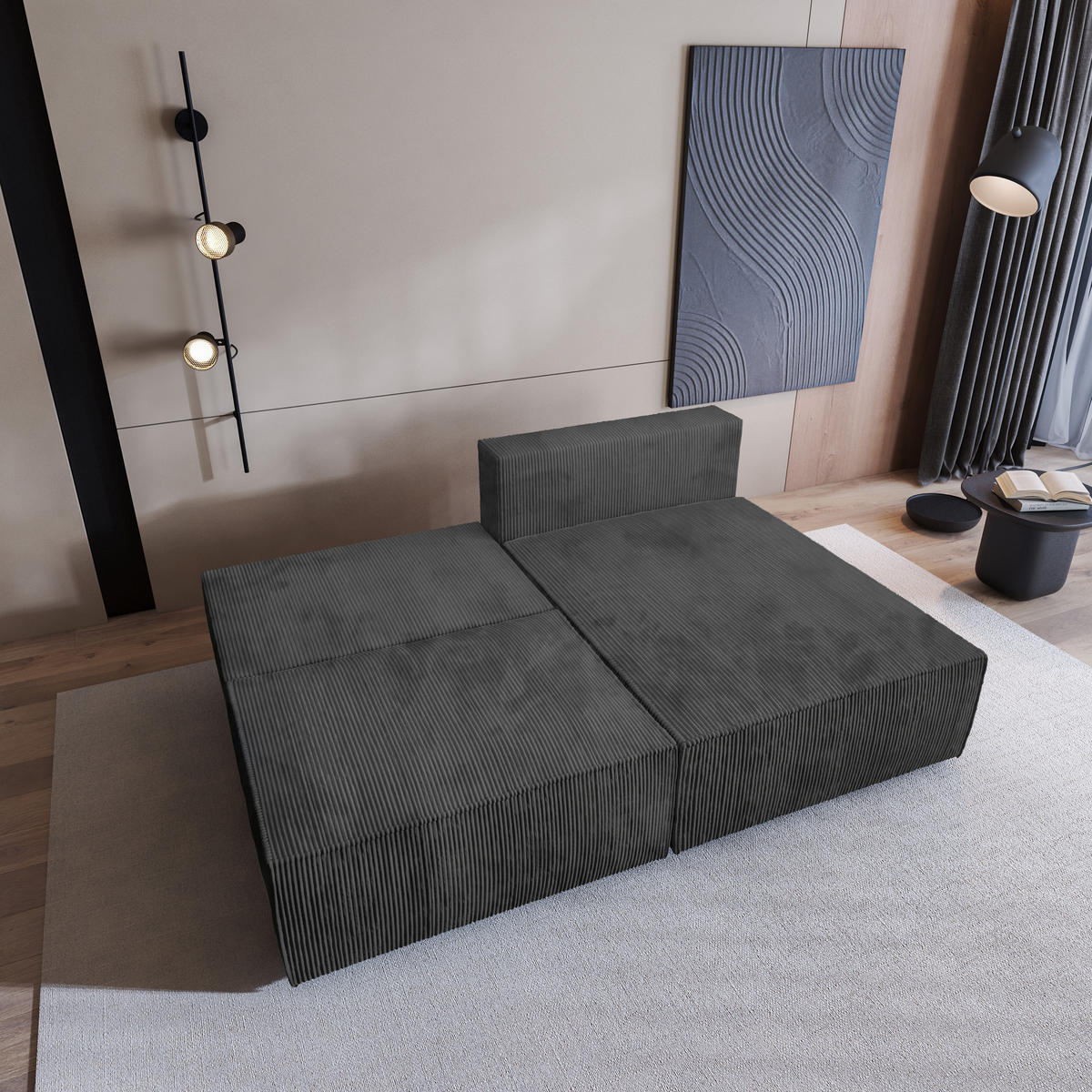 ECKSOFA FIORO P Graphitfarben Kordstoff mit Schlaffunktion - Graphitfarben, Holz (204/148cm) - MASSENO