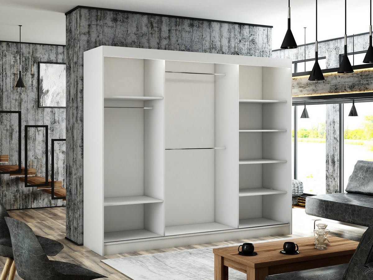 SCHWEBETÜRENSCHRANK Porto III 250 cm 3-türig, weiß, lacobel grau, Sprosse - Weiß/Grau, Kunststoff (250/215/61cm) - Margaret Hadas24