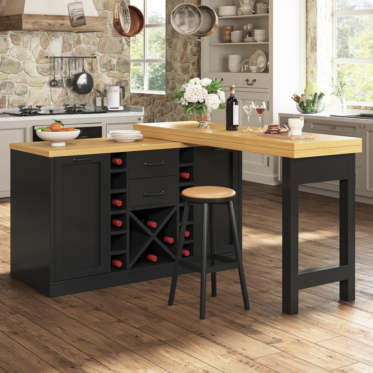 KÜCHENINSEL 360° Drehbar Ausziehbar Stauraum Weiß Schwarz - Schwarz, Metall (120/73.8/40cm) - FLIEKS