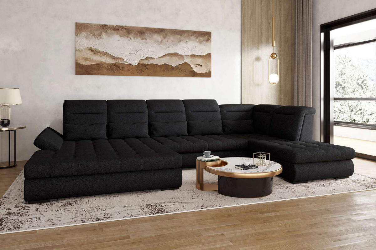WOHNLANDSCHAFT Toscana Strukturstoff inkl. Schlaffunktion - Schwarz, Textil (208/87/358cm) - 99rooms