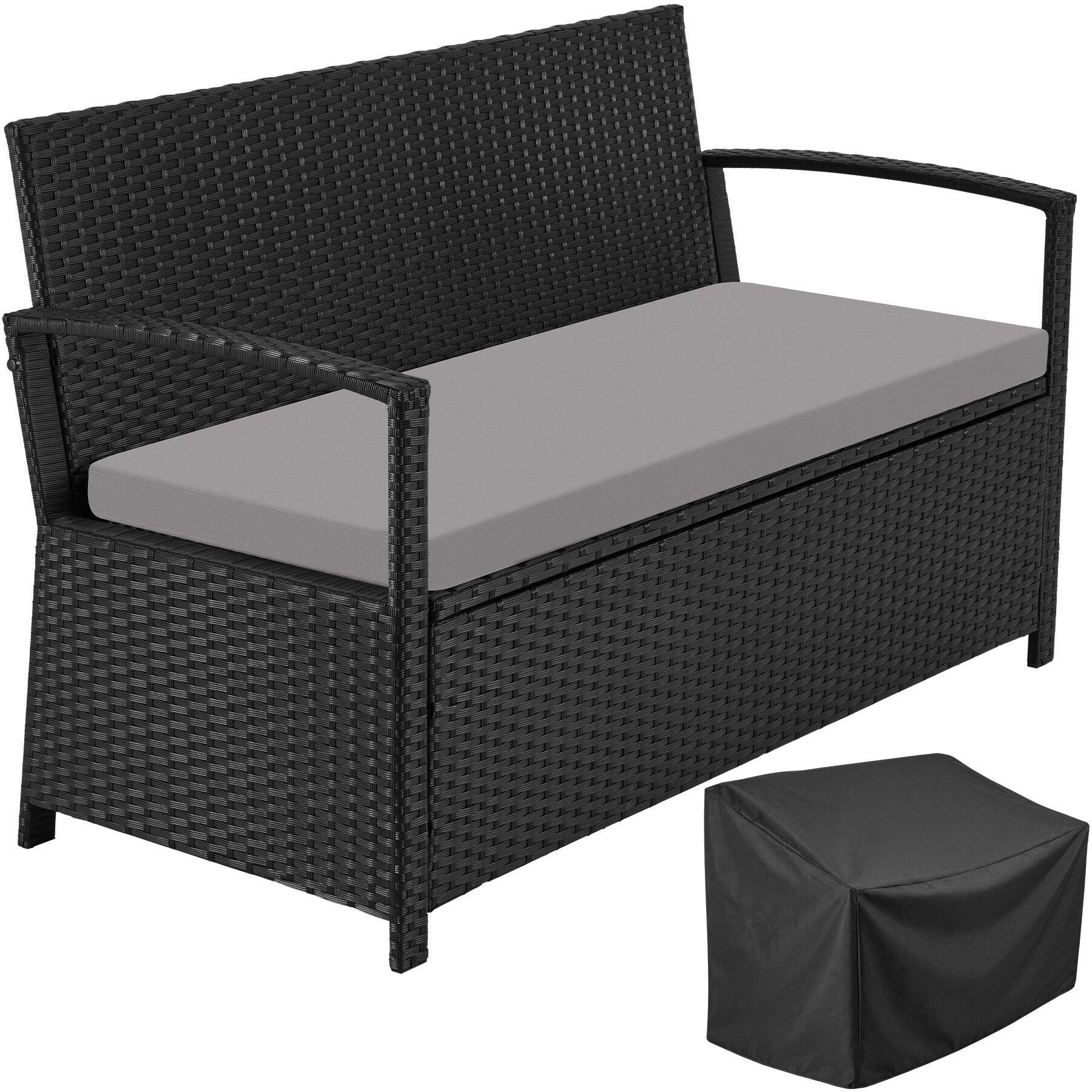 RATTAN-GARTENBANK Vecchia, 128 x 56 x 77,5 cm, inklusive Schutzhülle, schwarz - Schwarz, Kunststoff (128/77.5/56cm) - tectake