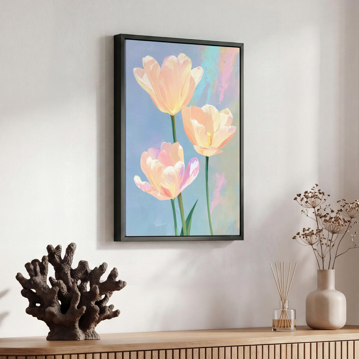 LEINWAND Bilder mit Rahmen - Tulpen - Rosa Akzente - Blau - 30x40 - Pastellblau, Textil (30/40cm) - MuchoWow