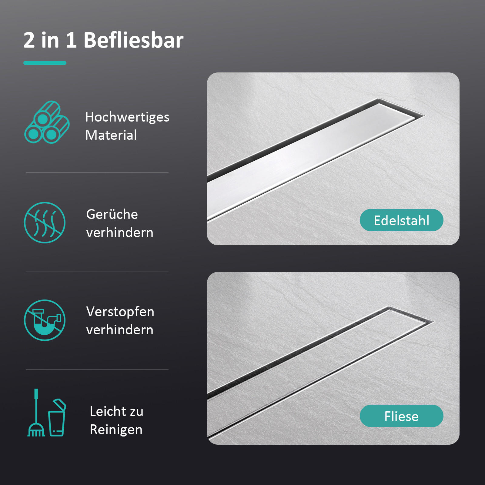 DUSCHRINNE Edelstahl Dusche & Bad 50/11 cm - Chromfarben, Metall (11/9/50cm) - EMKE