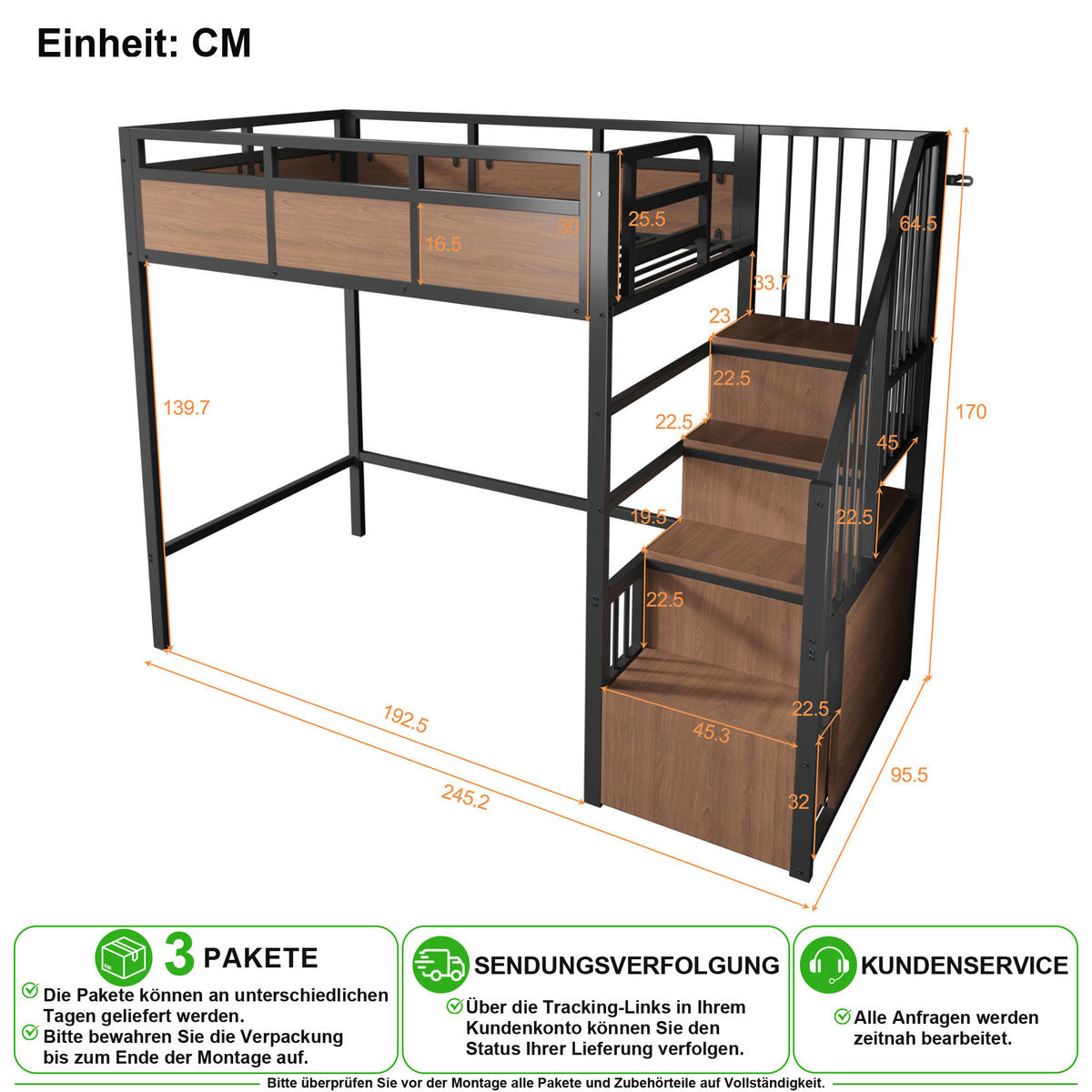 HOCHBETT 90/200 cm in Schwarz mit LED, Stauraumleiter und Sicherheitsgeländer - Schwarz, Holzwerkstoff/Metall (90/200cm) - CHICFURN
