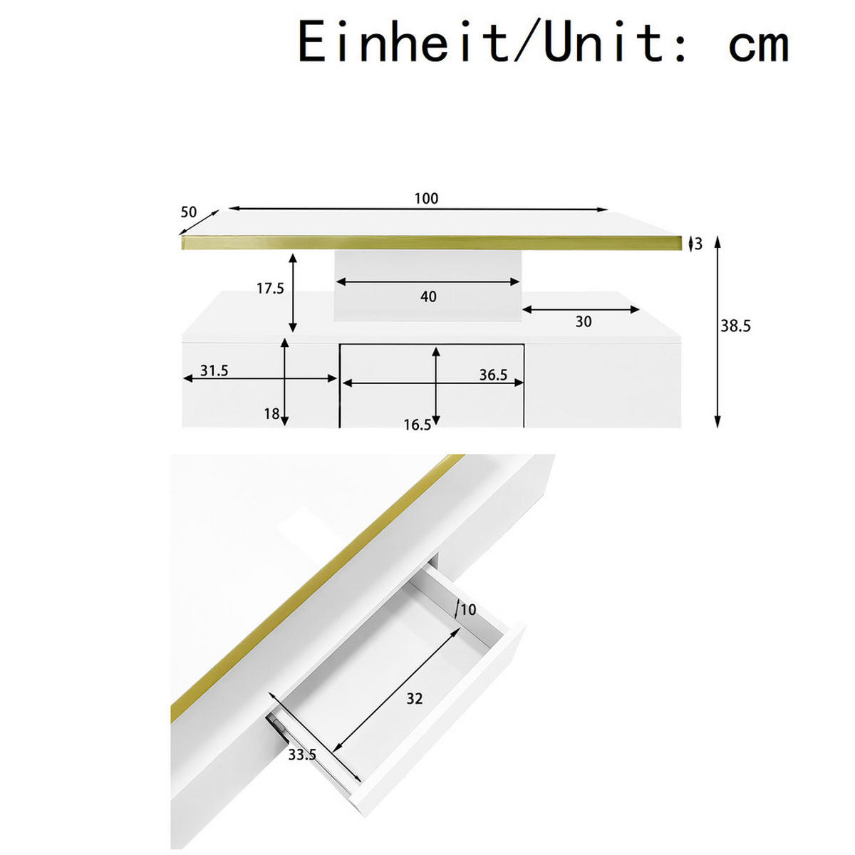 COUCHTISCH Hochglanzlack 2 Ebenen Schubladen LED Weiß - Weiß, Holz (113/61/14cm) - FLIEKS