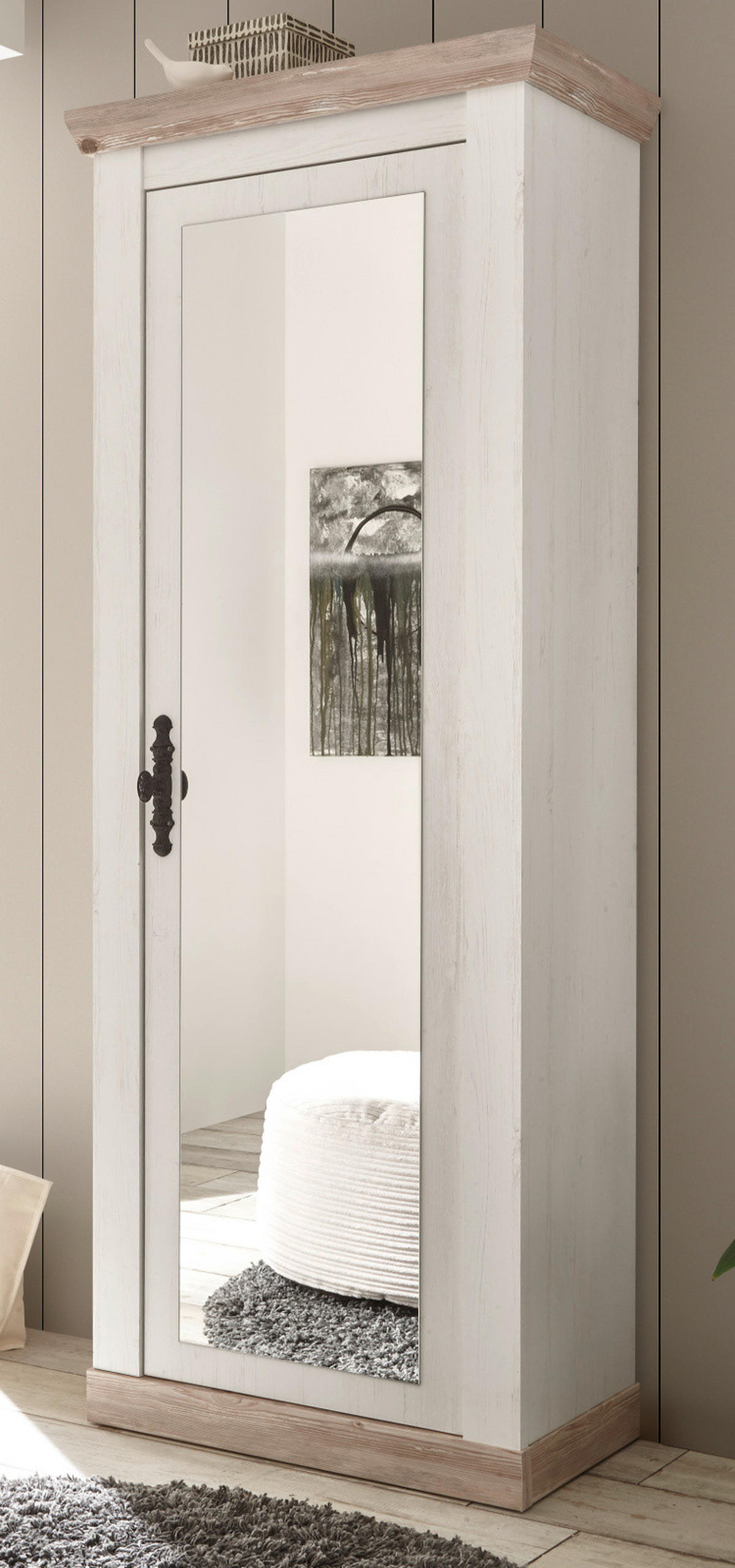 GARDEROBENSCHRANK Pinie weiß, Oslo Pinie Landhaus, Garderobe oder großer Schuhschrank mit Spiegel, 73 x 201 cm - Hellbraun/Anthrazit, Holzwerkstoff/Metall (73/201/38cm) - Furn.Design