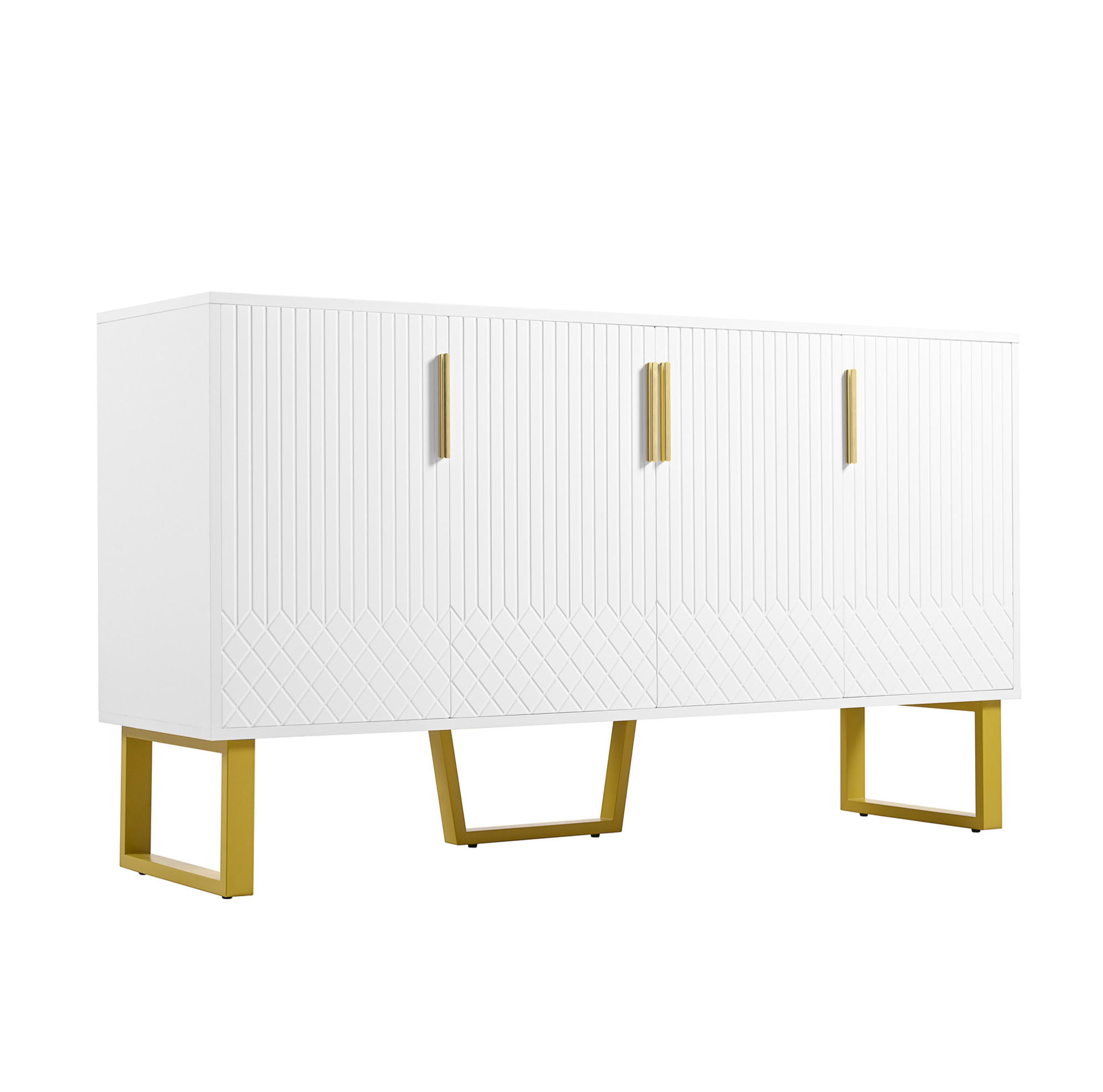 Modfu KOMODA z MDF 140x40x80 cm bílá ve vysokém lesku se 4 dvířky a kovovými nohami