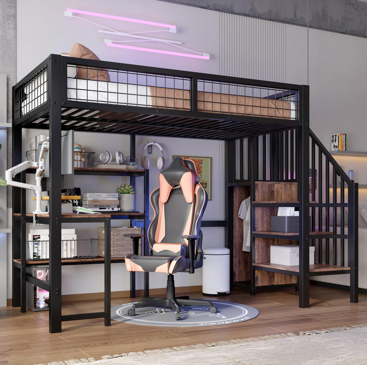 HOCHBETT mit Schreibtisch 90/200 cm in Schwarz/Braun – mit Regalen und Schrank - Schwarz, Holzwerkstoff (90/200cm) - BEAOK