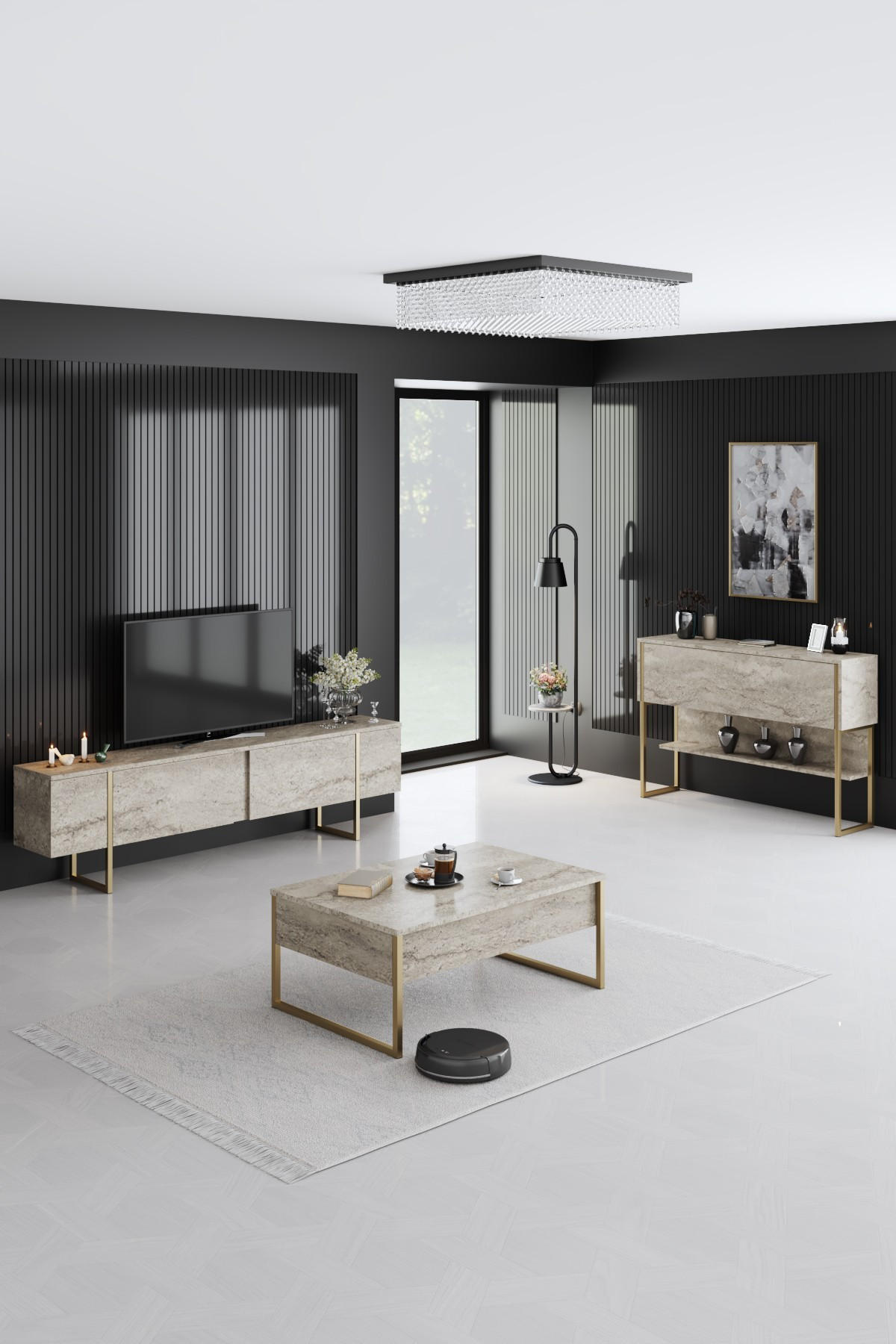 TV-MÖBEL Luxe Travertin-Gold - Beige/Goldfarben, Holz (180/50/30cm) - Habitat Garten