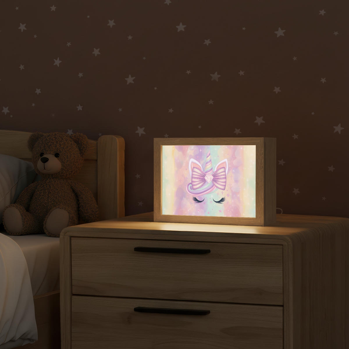 NACHTTISCHLAMPE Einhorn - Glitzer - Regenbogen - Pastell 20x15 cm - Hellrosa, Holzwerkstoff (8/20/15cm)