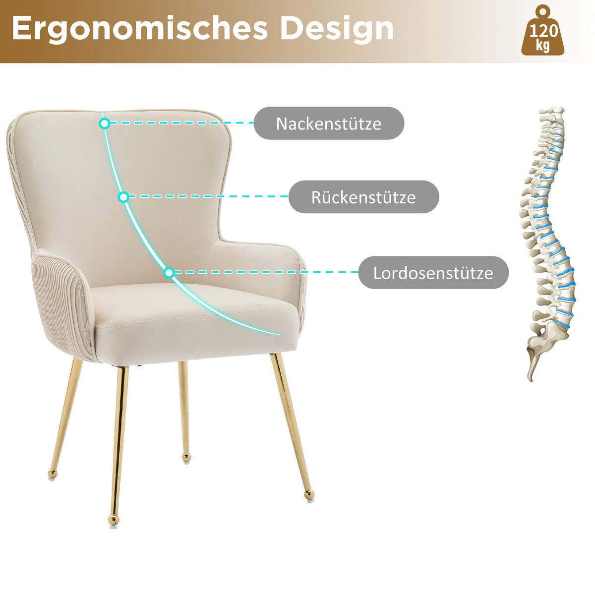ESSZIMMERSTUHL 2er-Set mit Armlehnen Samt Beige/Gold - Beige, Metall (47.5/83/57cm) - Meubliv