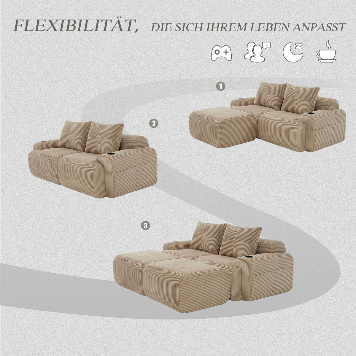 MODULARES 2-Sitzer Cordsofa mit 2 Hockern Getränkehalter und Seitentasche 200/174/80 cm Sandfarben - Sandfarben, Textil (174/80/200cm) - Redom