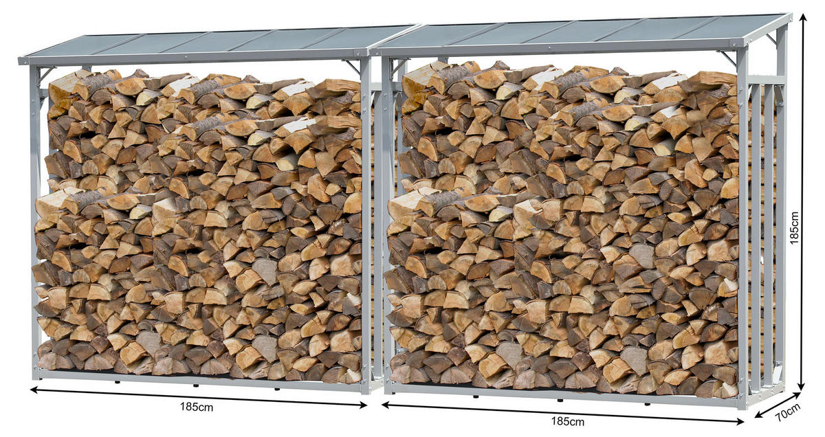 KAMINHOLZREGAL Außen 2 Stück 185x70x185 cm Aluminium Grau 4,6 m³ / 7 SRM - Grau, Metall (185/185/70cm) - QUICK STAR