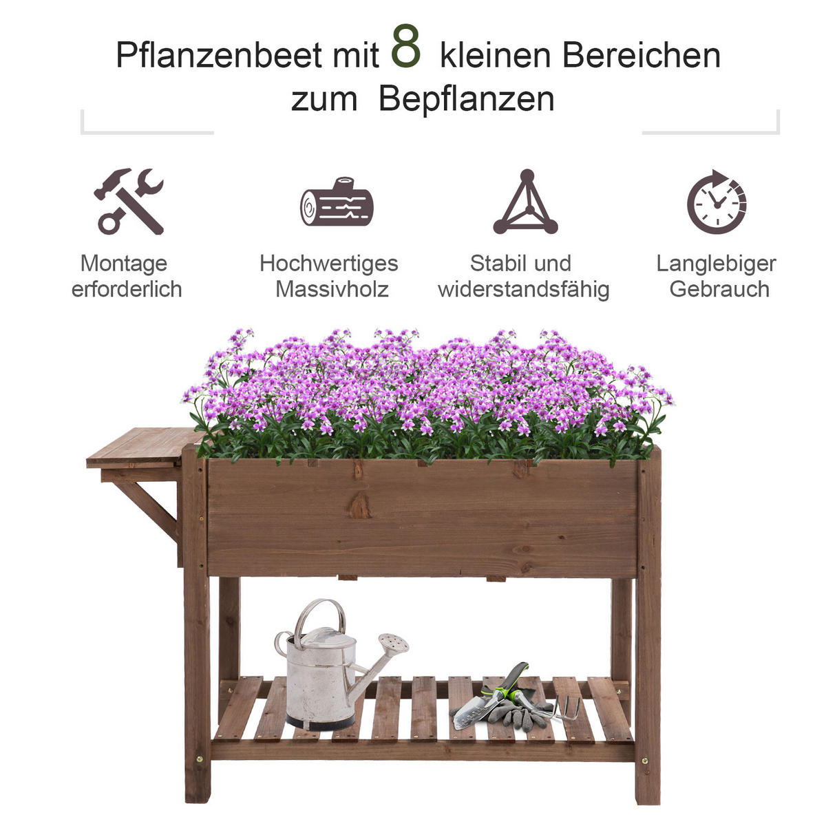 HOCHBEET Pflanzkasten mit 8 geteilten Gittern, faltbare Ablage, Massivholz, Braun - Braun, Holz (54/74/123cm) - Outsunny