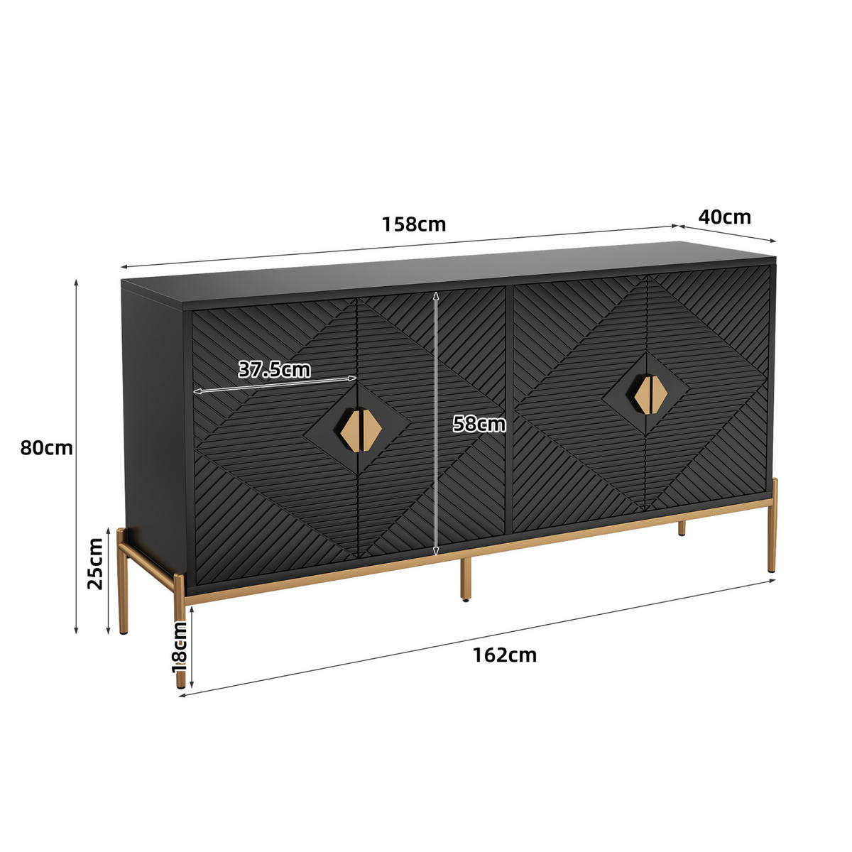 KOMMODE 162/40/80 cm aus MDF und Holzwerkstoff mit 4 Türen Schwarz - Schwarz, Holzwerkstoff (162/80/40cm) - Modenvie