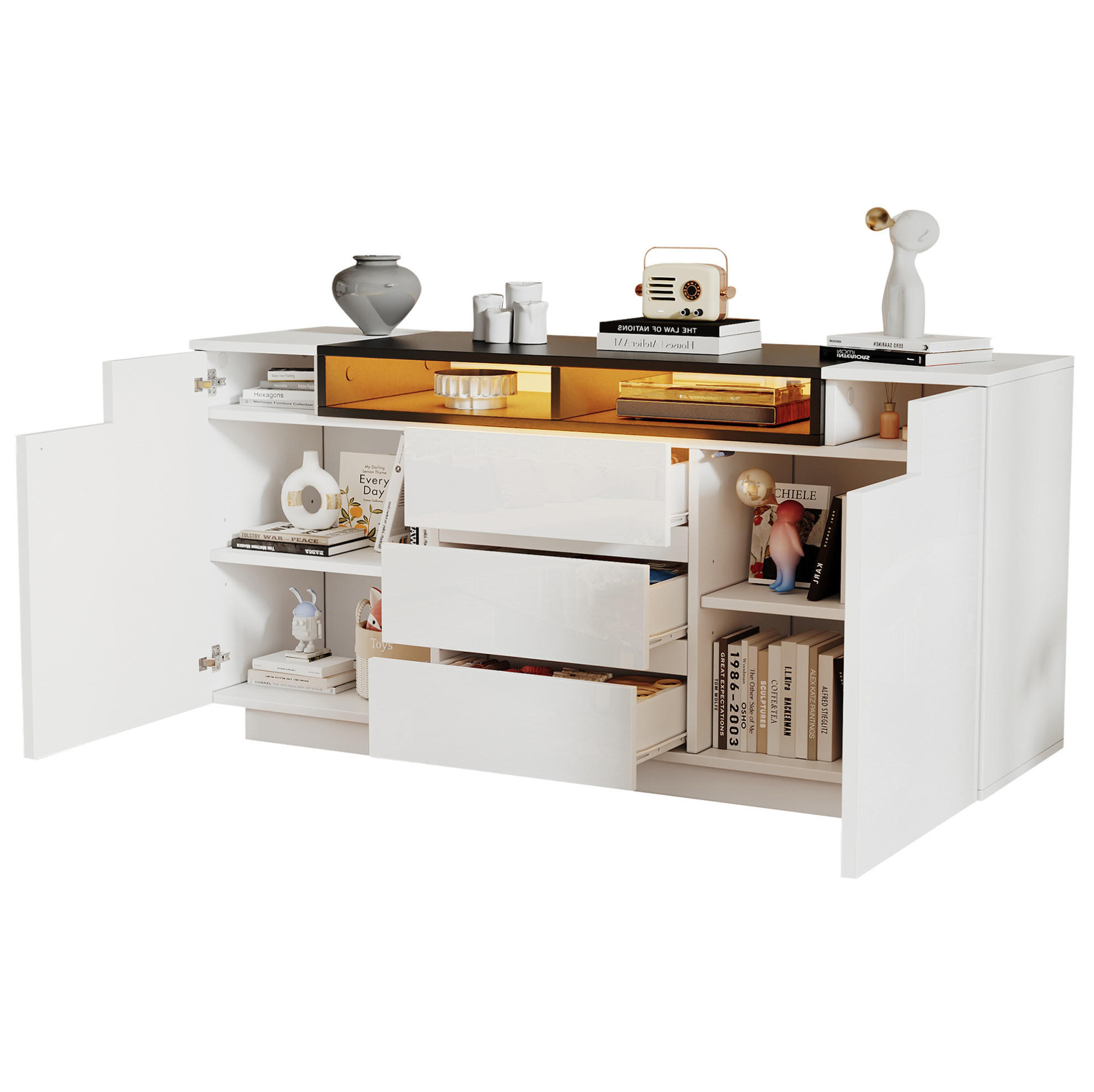SIDEBOARD 140/40/68 cm Weiß/Schwarz aus Spanplatte mit LED-Beleuchtung - Weiß, Holzwerkstoff (40/68/140cm) - OKMYHOME
