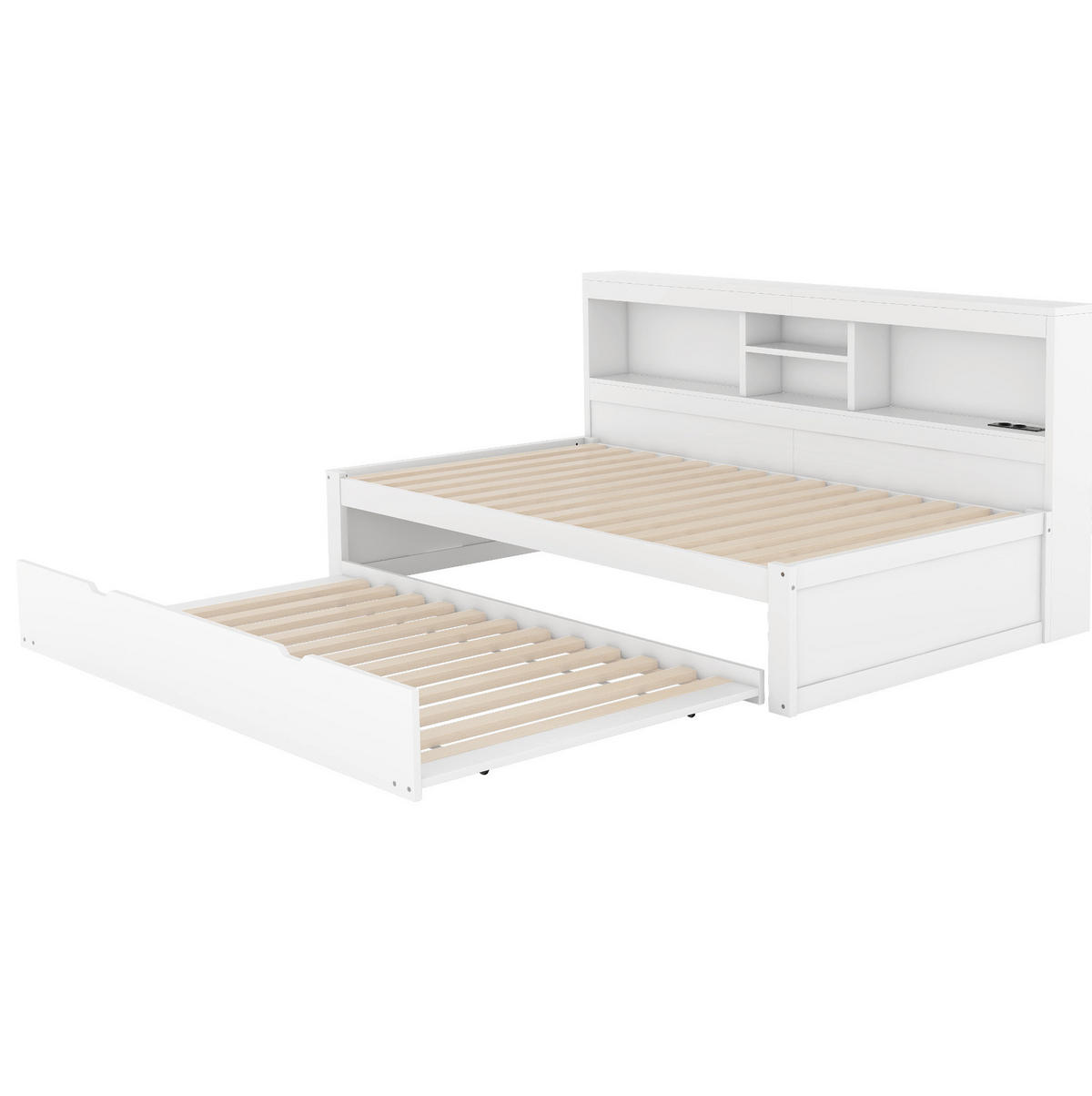 TAGESBETT 90/200 cm mit Ausziehbett, LED-Beleuchtung, USB und Stauraum aus Spanplatte und MDF, Weiß - Weiß, Holzwerkstoff (90/200cm) - Redom