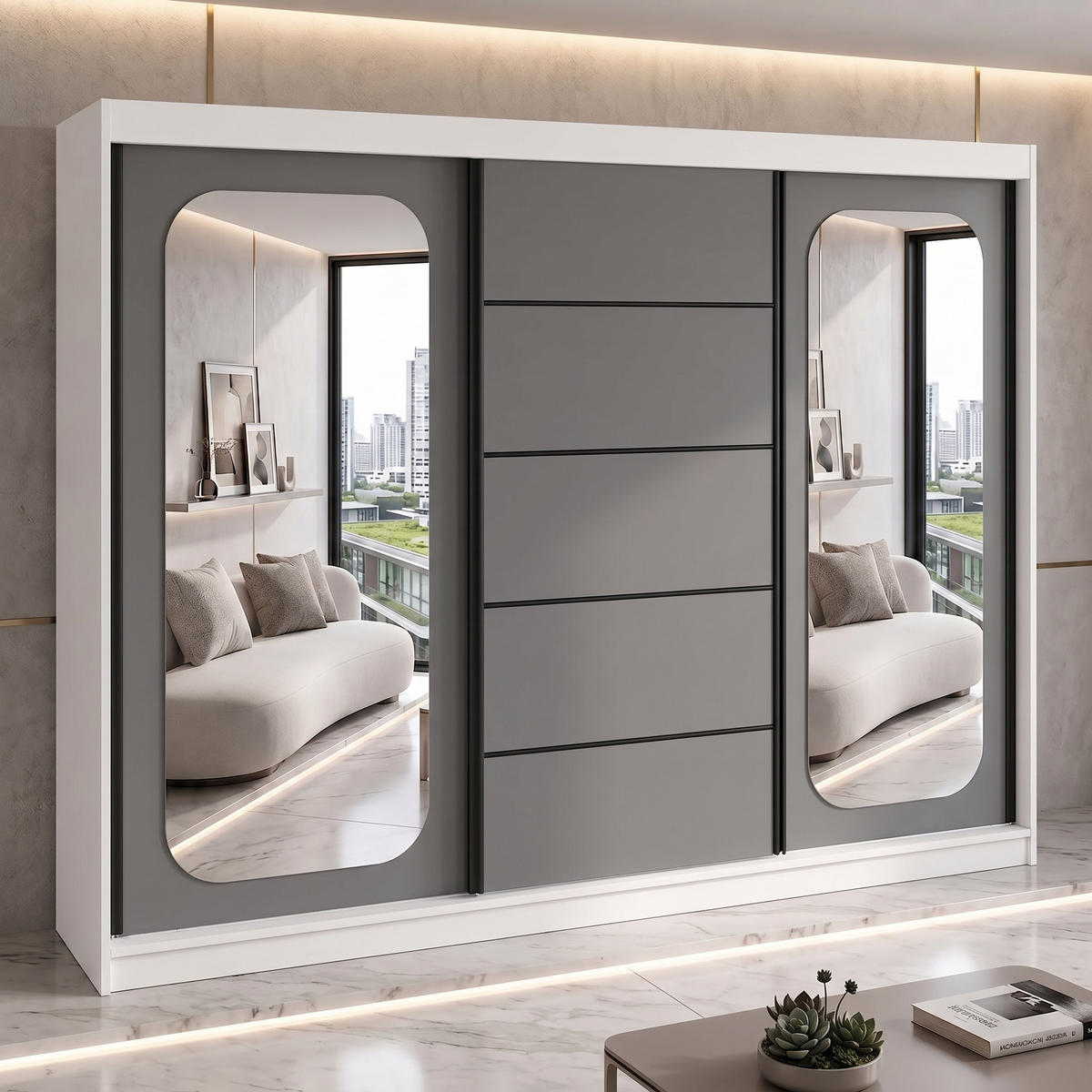 SCHWEBETÜRENSCHRANK BELANO 200 cm. Innenausstattung: Comfort plus - Graphitfarben/Weiß, Holzwerkstoff (200/215/59.5cm) - A&J MöbelLand