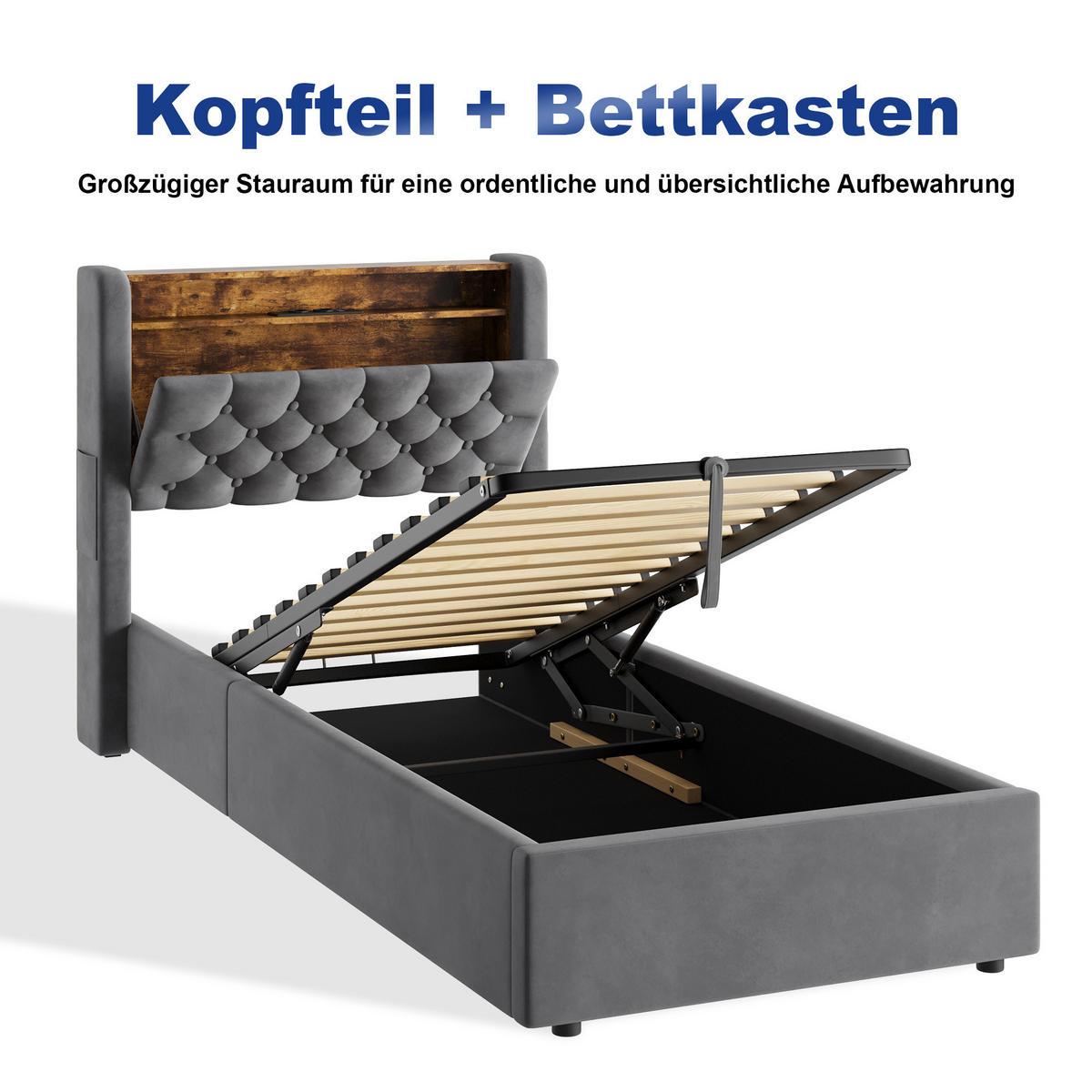 POLSTERBETT 90/200 cm in Dunkelgrau Samt mit Bettkasten, LED-Beleuchtung und USB-Anschluss - Dunkelgrau, Holzwerkstoff/Textil (90/200cm) - CHICFURN