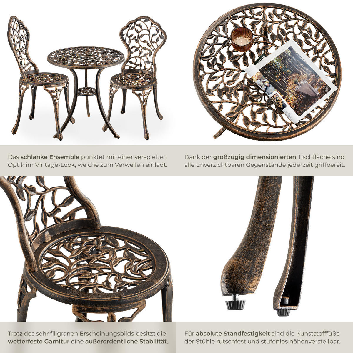 BISTROTISCH-SET Lyon,Belastbarkeit Stuhl 120 kg,schwarz/grau - Schwarz/Grau, Naturmaterialien/Metall - tectake