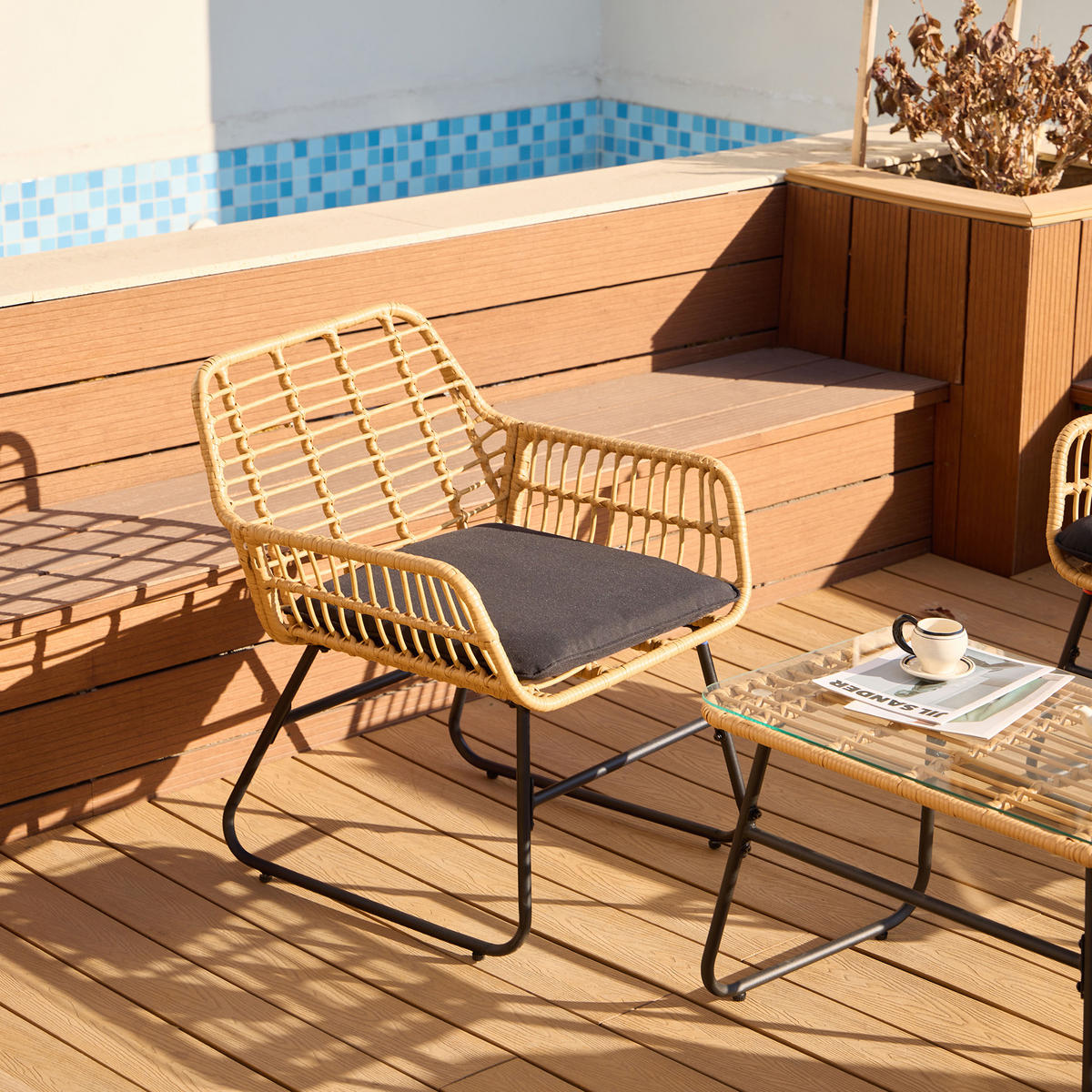 GARTENMOEBELSET Rattan - Schwarz - Dunkelgrau, Holz - Nordlys