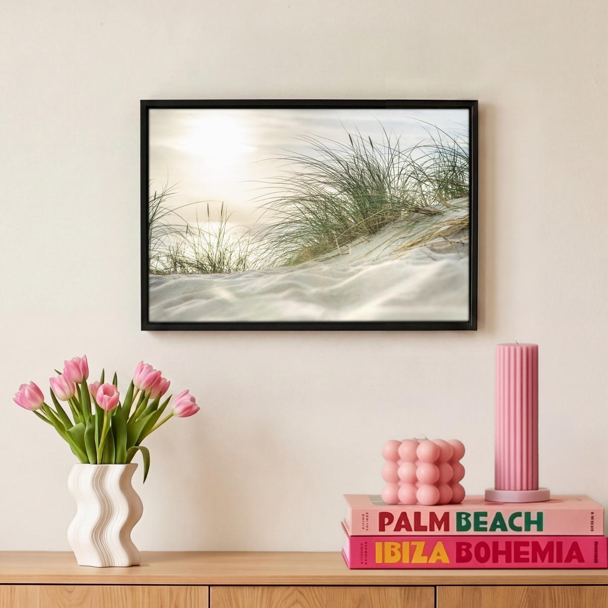 LEINWAND Bilder mit Rahmen - Dünen mit Strandhafer in der Sonne des Nationalparks Schleswig-Holsteinisches Wattenmeer - 30x20 - Creme, Textil (30/20cm) - MuchoWow