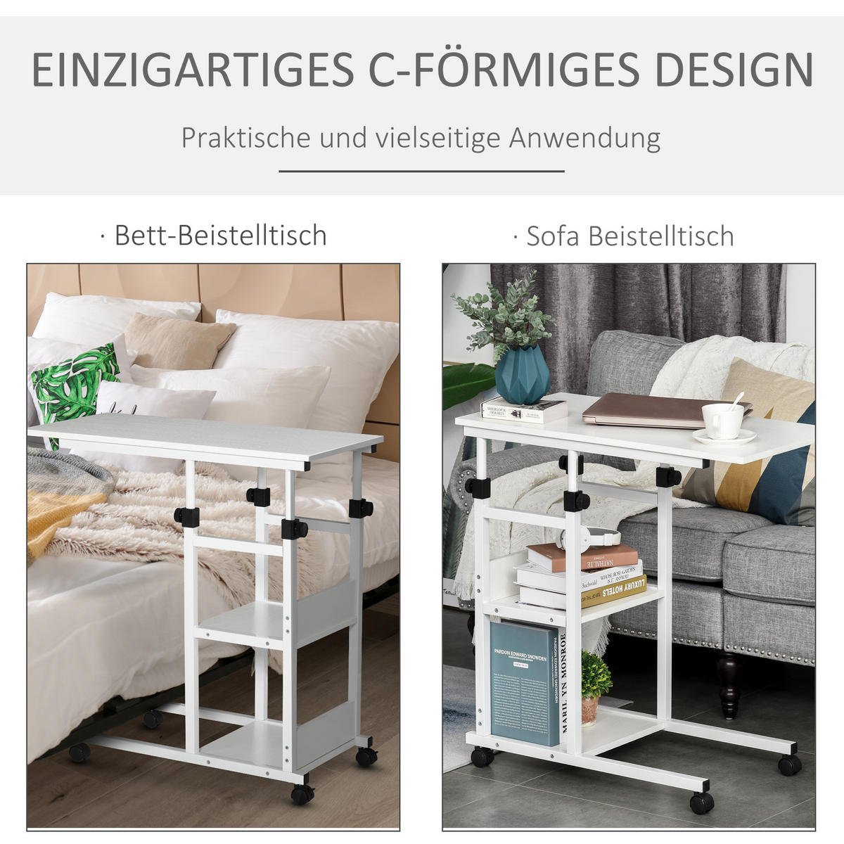 BEISTELLTISCH Couchtisch mit Rollen höhenverstellbar 2 untere Regale Esszimmer - Weiß, Kunststoff (80/40/82cm) - HOMCOM
