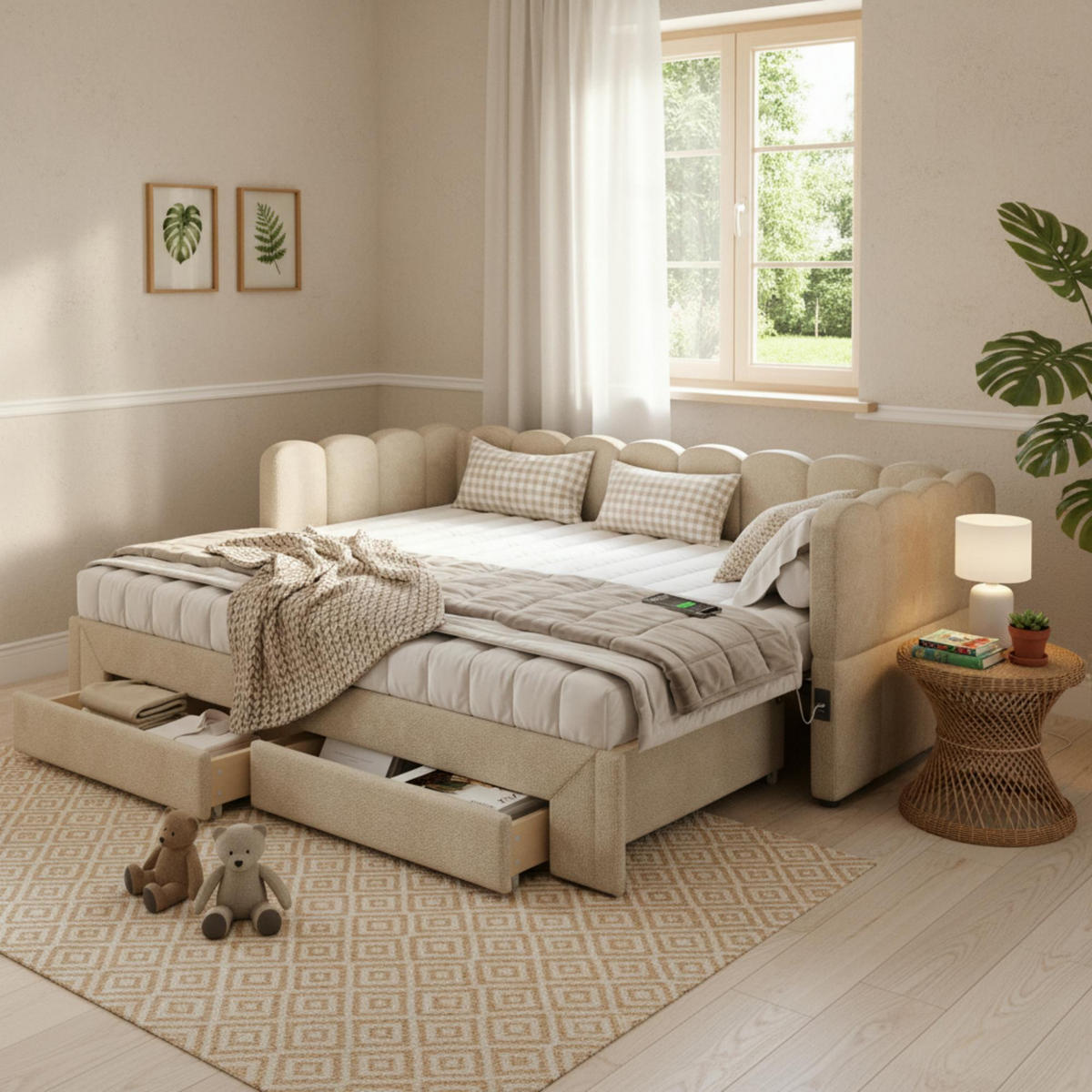 POLSTERBETT 90/200 cm beige aus Chenille mit Ausziehfunktion und USB-Anschluss - Beige, Textil (90/200cm) - OKWISH