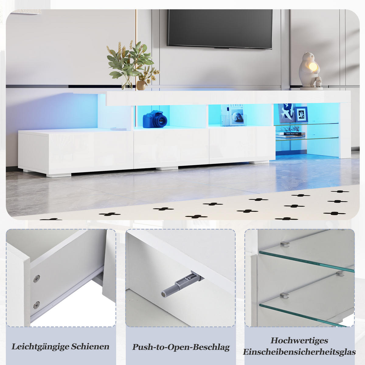TV-SCHRANK LED Hochglanz 3 Schubladen 180cm Weiß - Weiß, Holzwerkstoff (180/45/35cm) - FLIEKS