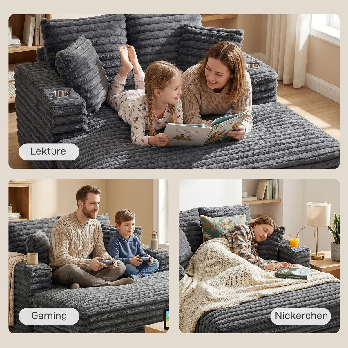 CHAISELONGUE 2 SITZER DE-06570 Großes Schlafsofa mit Becherhalter Grau - Grau, Holz/Textil (134/89/151cm) - ComfortXL