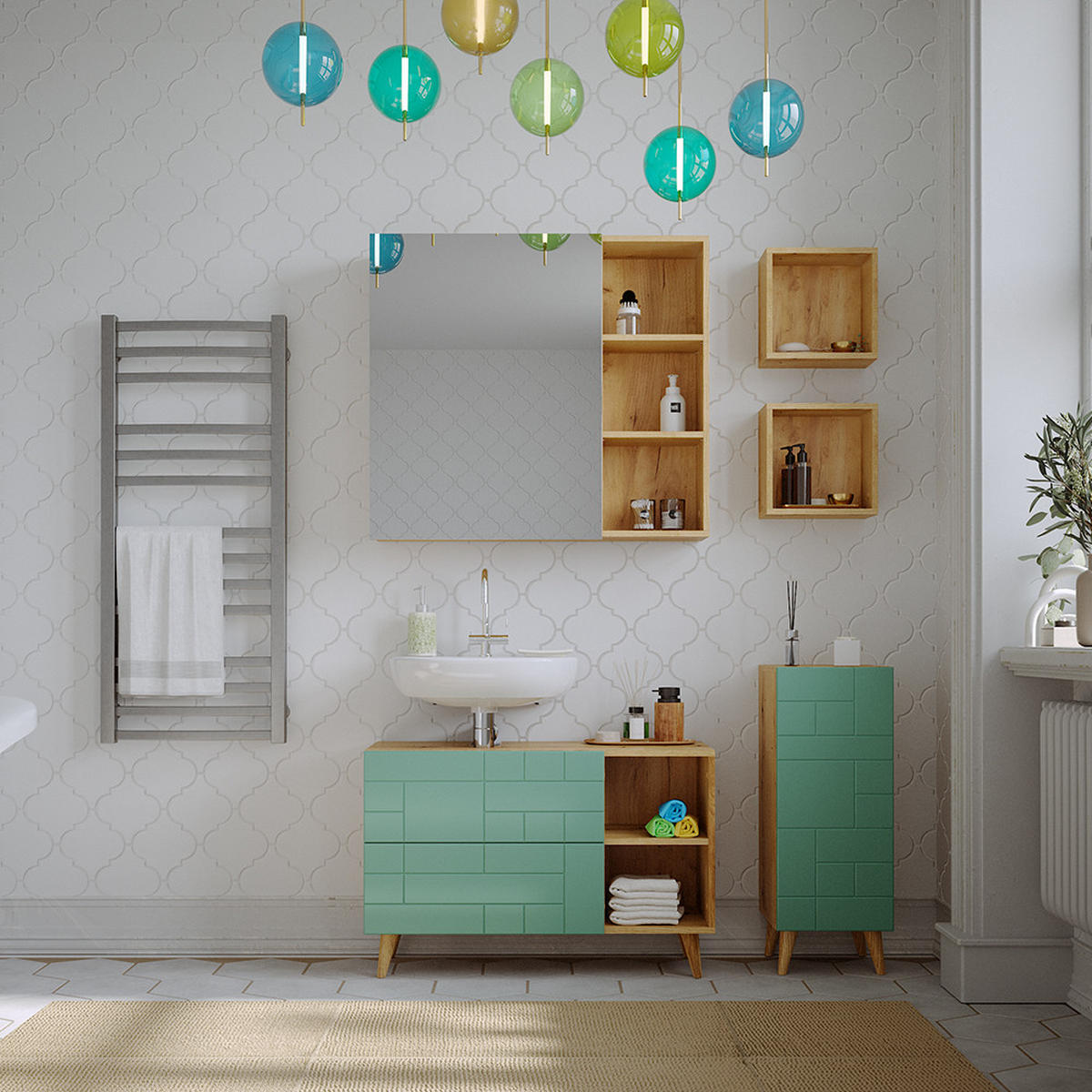 BADMÖBEL-SET Rudi Mintgrün 5 Teile - Eichefarben/Mintgrün, Holzwerkstoff (90/59/32cm) - Vicco
