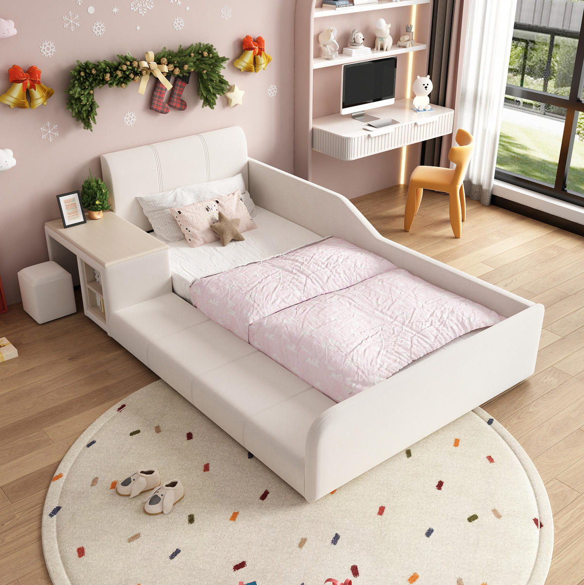 KINDERBETT 90/200 cm aus Samt mit Schreibtisch Hocker und Ablageboden Weiß - Weiß, Textil (90/200cm) - Modenvie