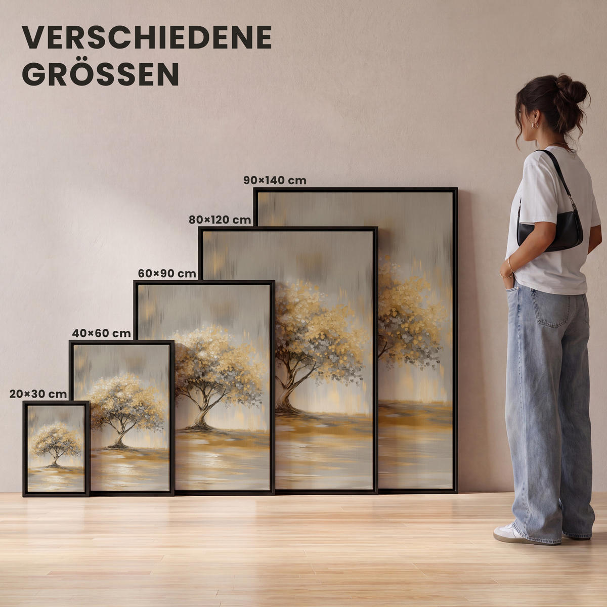 LEINWAND Bilder mit Rahmen - Gemälde - Baum - Abstrakt - Blätter - 90x140 - Beige, Textil (90/140cm) - MuchoWow